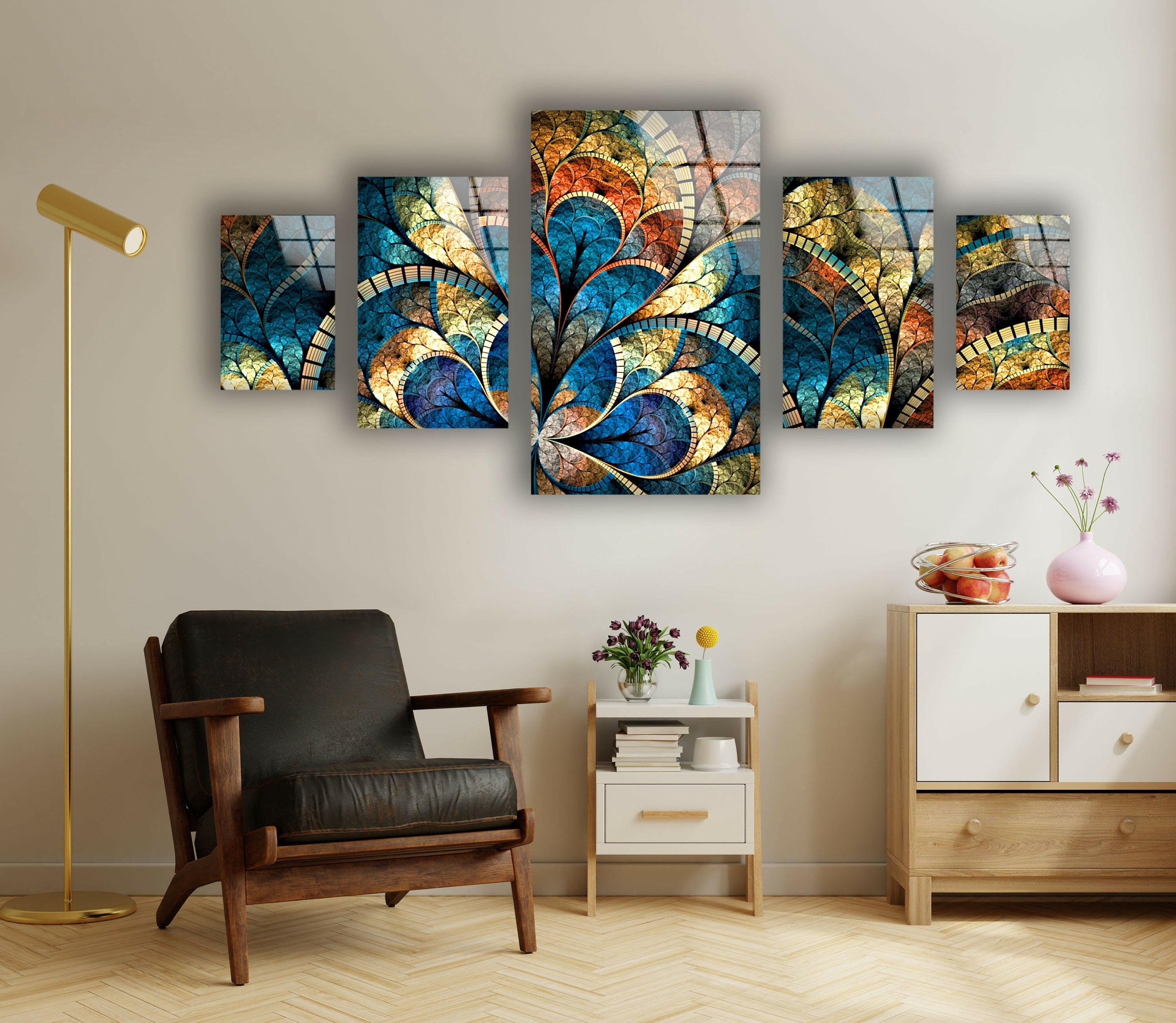 Handmade Blue Stained Floral Glass Wall Art - Elegant Home Decor for Living Room, Bedroom & Office - Perfect Gift for Housewarming & Wedding