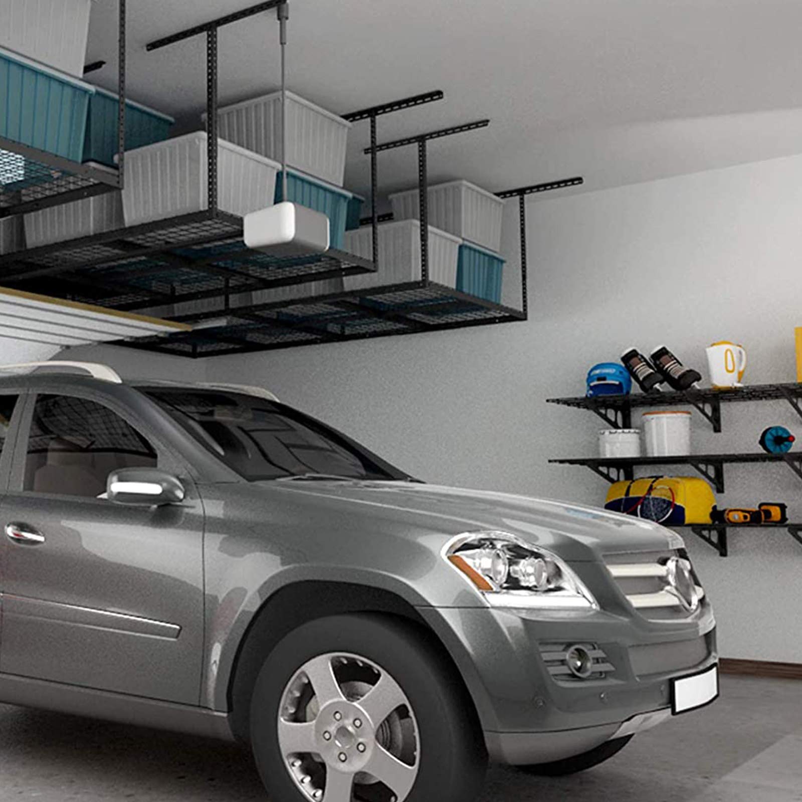 FLEXIMOUNTS 2-Piece Overhead Garage Storage Rack Set with Hooks - Adjustable Ceiling Storage Racks, 96