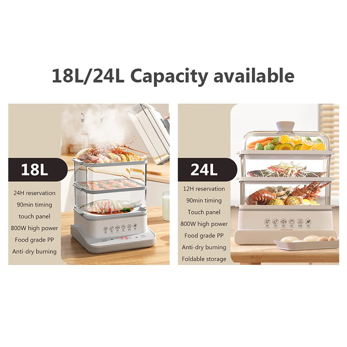 YUNYN 3-Tier Electric Food Steamer 18L/24L - Stainless Steel Steam Rack, 6 Preset Cooking Modes, Stackable Baskets for Vegetables & Meat - Perfect for Healthy Cooking, Meal Prep & Large Family Dinners