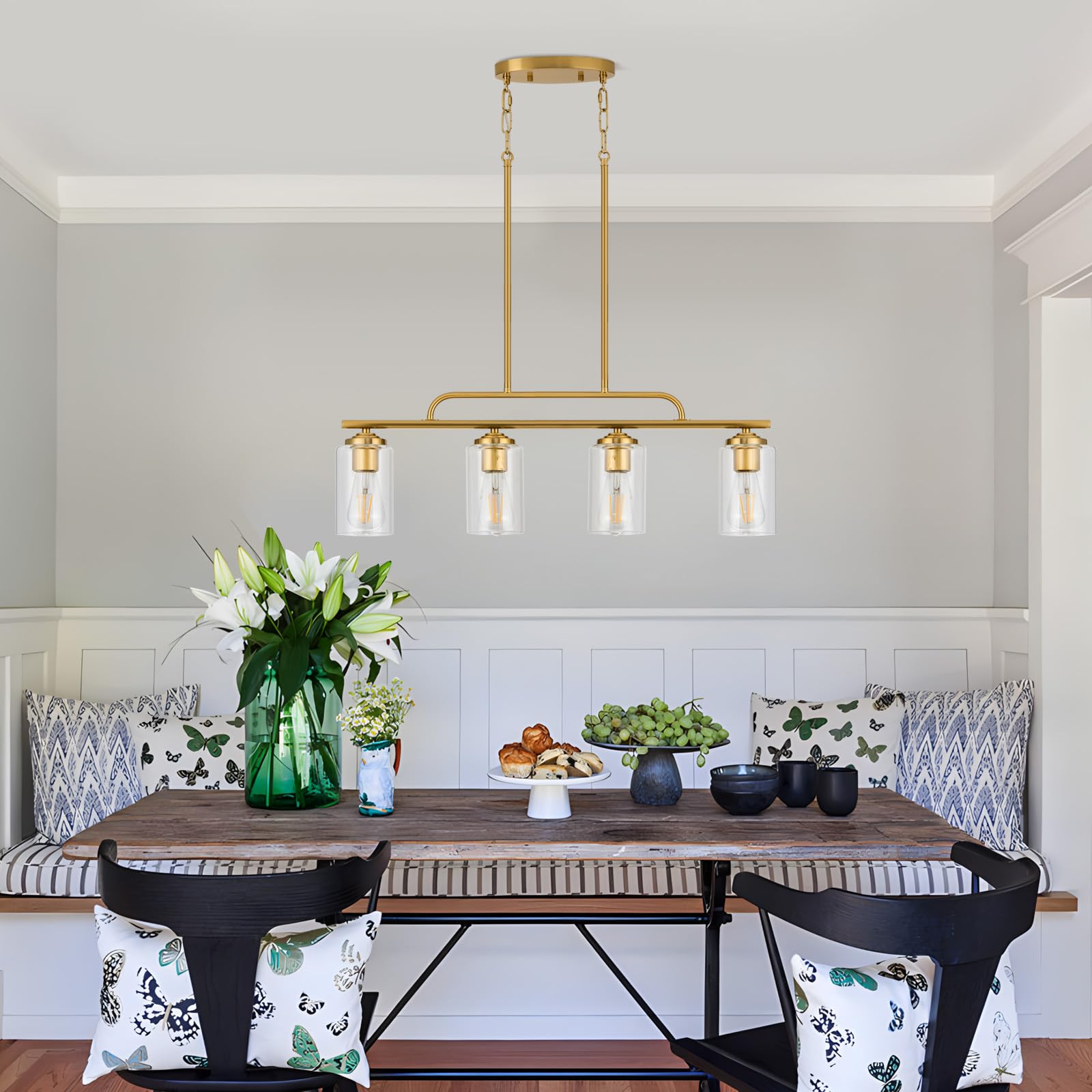 Brushed Gold Modern Linear Chandelier - 4-Light Pendant Lighting Fixture for Kitchen Island & Dining Room | Durable Ceiling Hanging Light Over Table | Perfect for Contemporary Homes, Restaurants, and Open-Concept Spaces