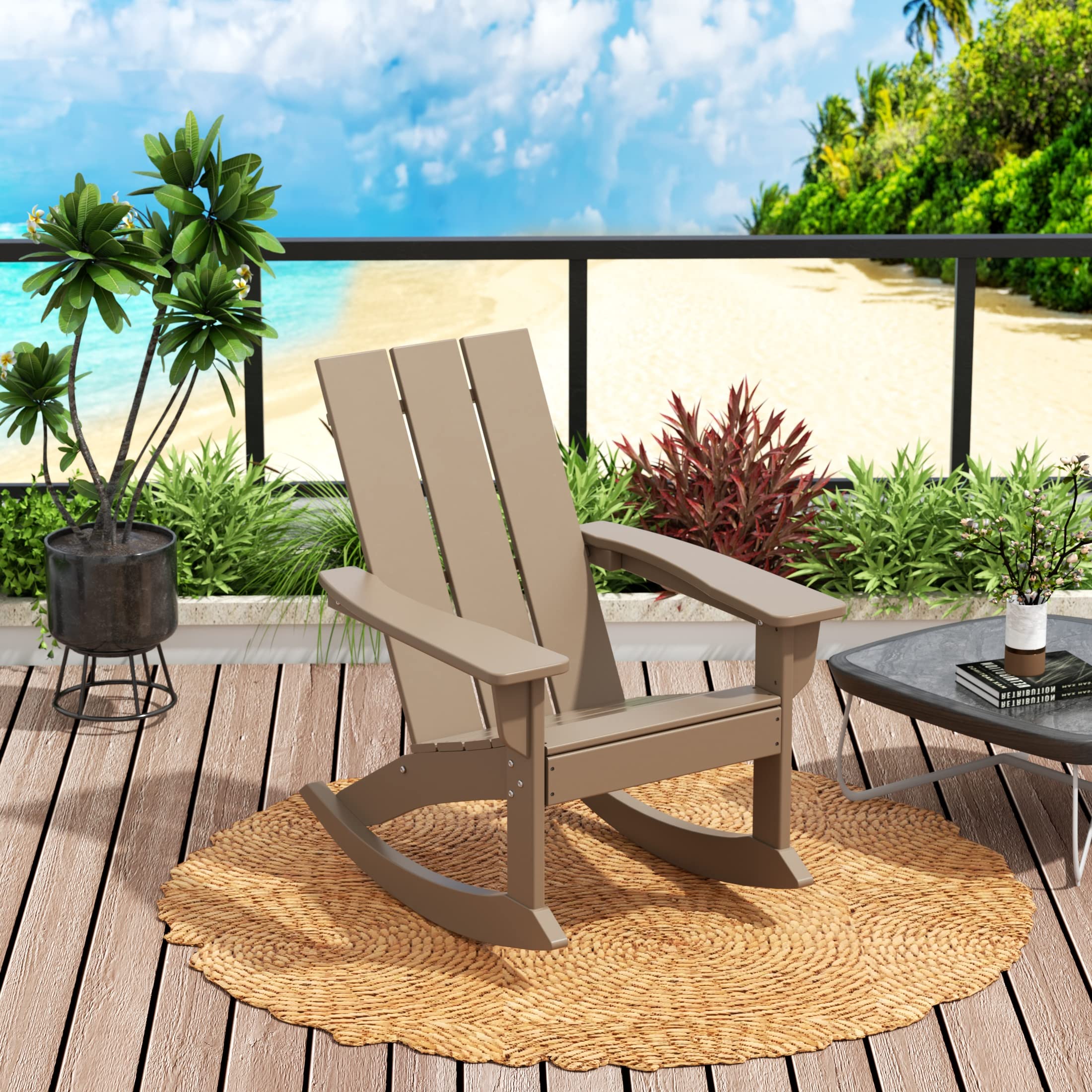 WO Home Furniture 4-Piece Patio Rocking Chair Set - Modern Outdoor HDPE UV-Resistant Weathered Wood Rockers for Porch, Garden & Backyard Relaxation