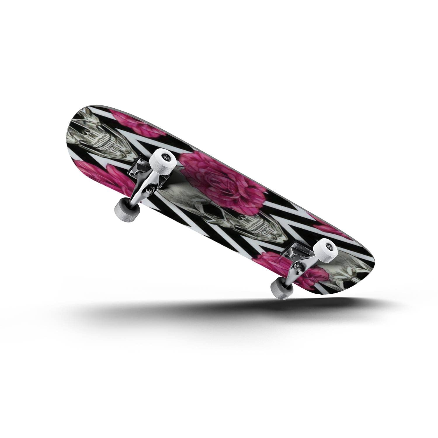 Skull & Pink Roses Geometric Skateboard - Classic Concave Longboard for Beginners & Pros | Extreme Sports Gear, Cool Teen Gifts | Perfect for Street Skating, Park Tricks & Commuting