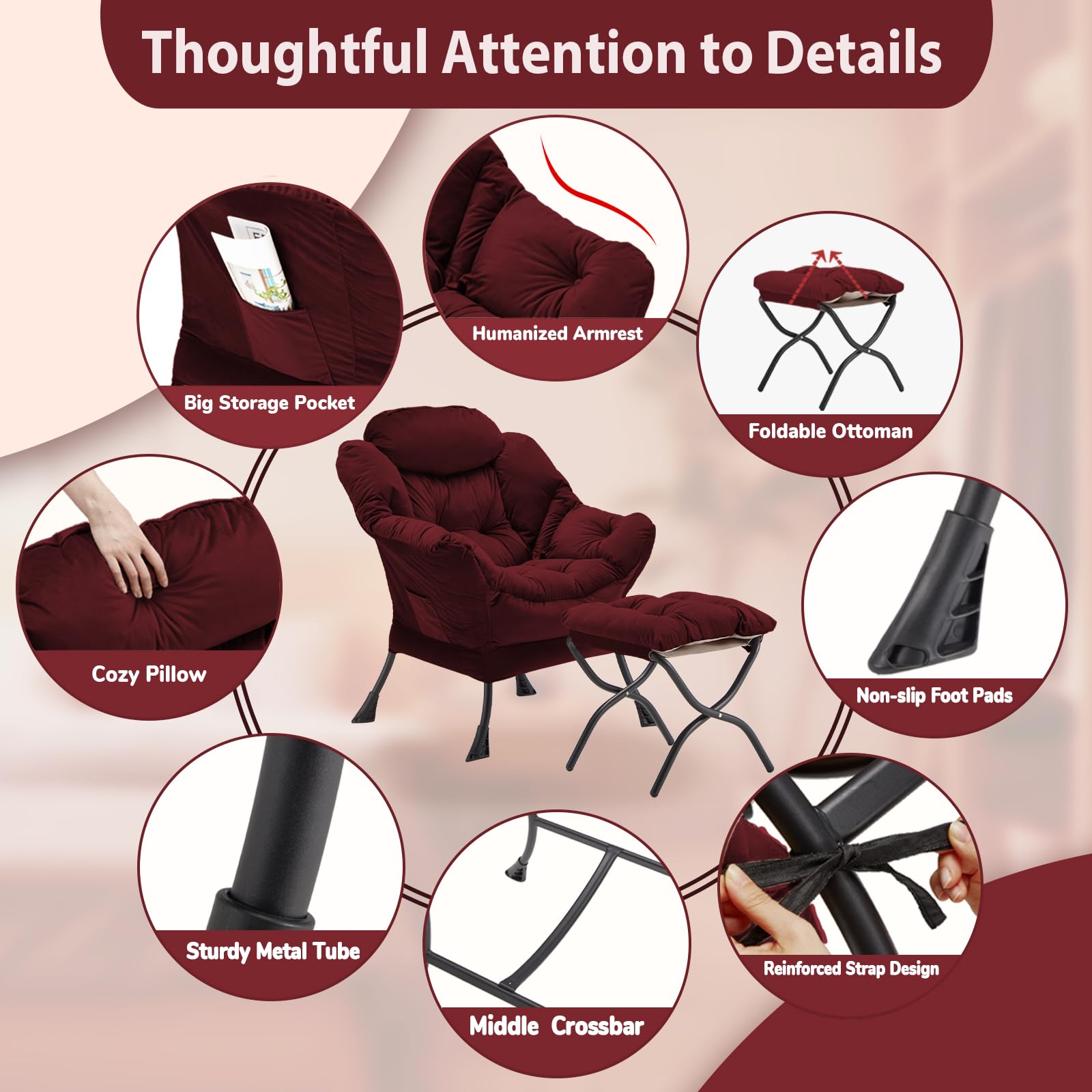 Velvet Upholstered Lazy Chair with Folding Ottoman - Modern Accent Armchair with Metal Frame, Non-Slip Pads & Side Storage Pocket - Comfortable Footrest Sofa for Living Room, Bedroom, Office & Dorm - Burgundy