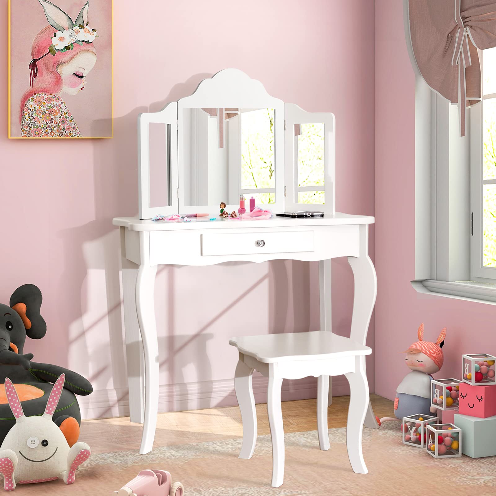 Costzon Kids Wooden Vanity Table & Stool Set - 2 in 1 Detachable Design with Dressing Table & Writing Desk, Princess Makeup Vanity with 180° Folding Mirrors for Girls (White) | Perfect for Bedroom, Playroom & Gift for Little Princesses