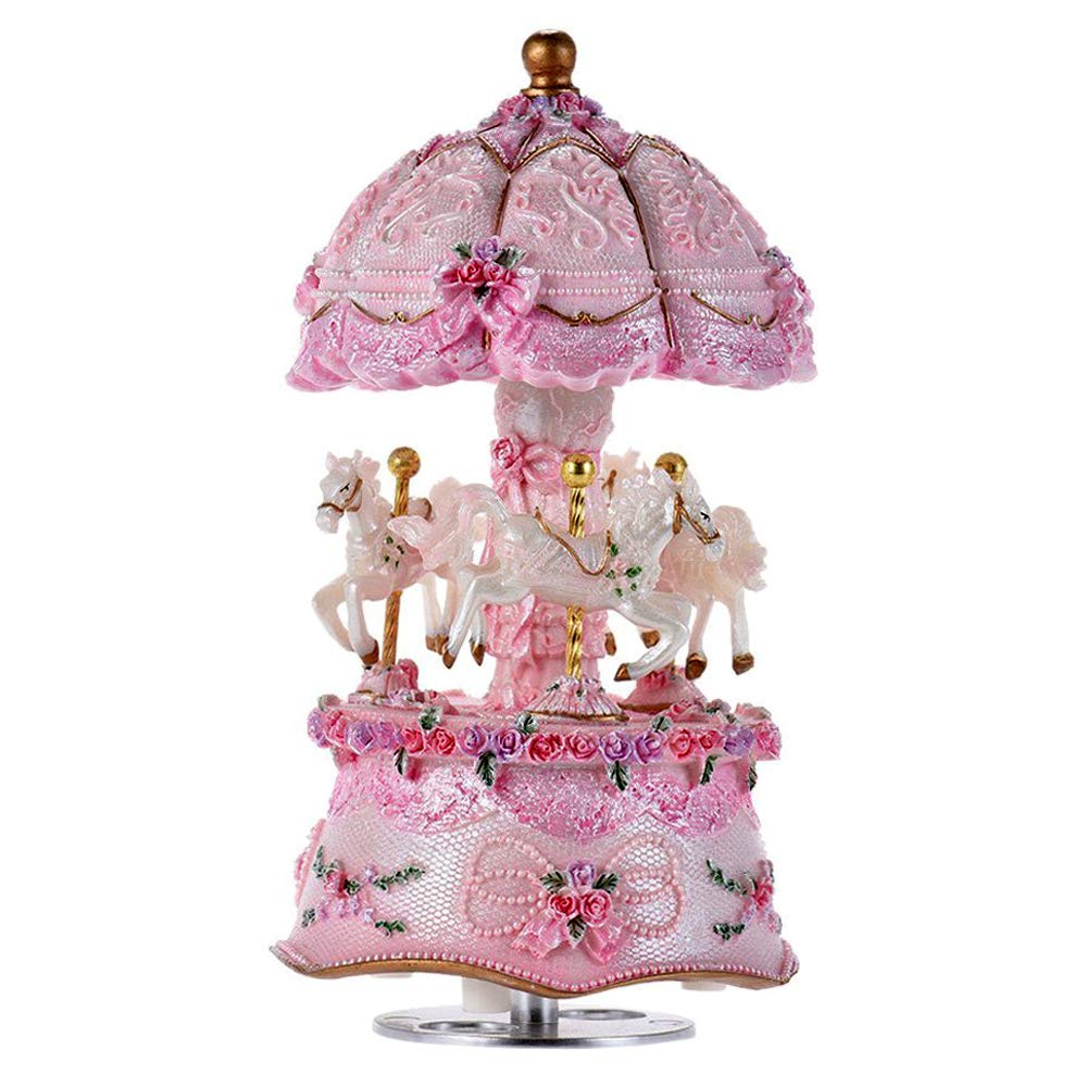 ACCOCO Luxury LED Color Changing Rotating 3-Horse Carousel Music Box with Luminous Effects - Plays 'Happy Birthday' Melody (Pink) - Perfect for Birthday Gifts, Home Decor & Romantic Night Lights