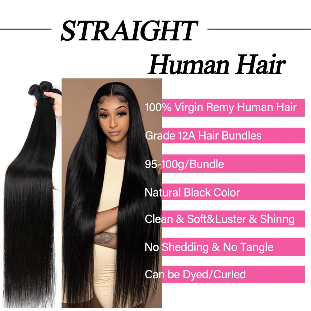 10A Grade Brazilian Straight Human Hair Bundles - 12 14 16 Inch 3-Pack 100% Unprocessed Virgin Remy Hair Weave Extensions (1B Natural Black) for Salon Quality Styling & Everyday Wear
