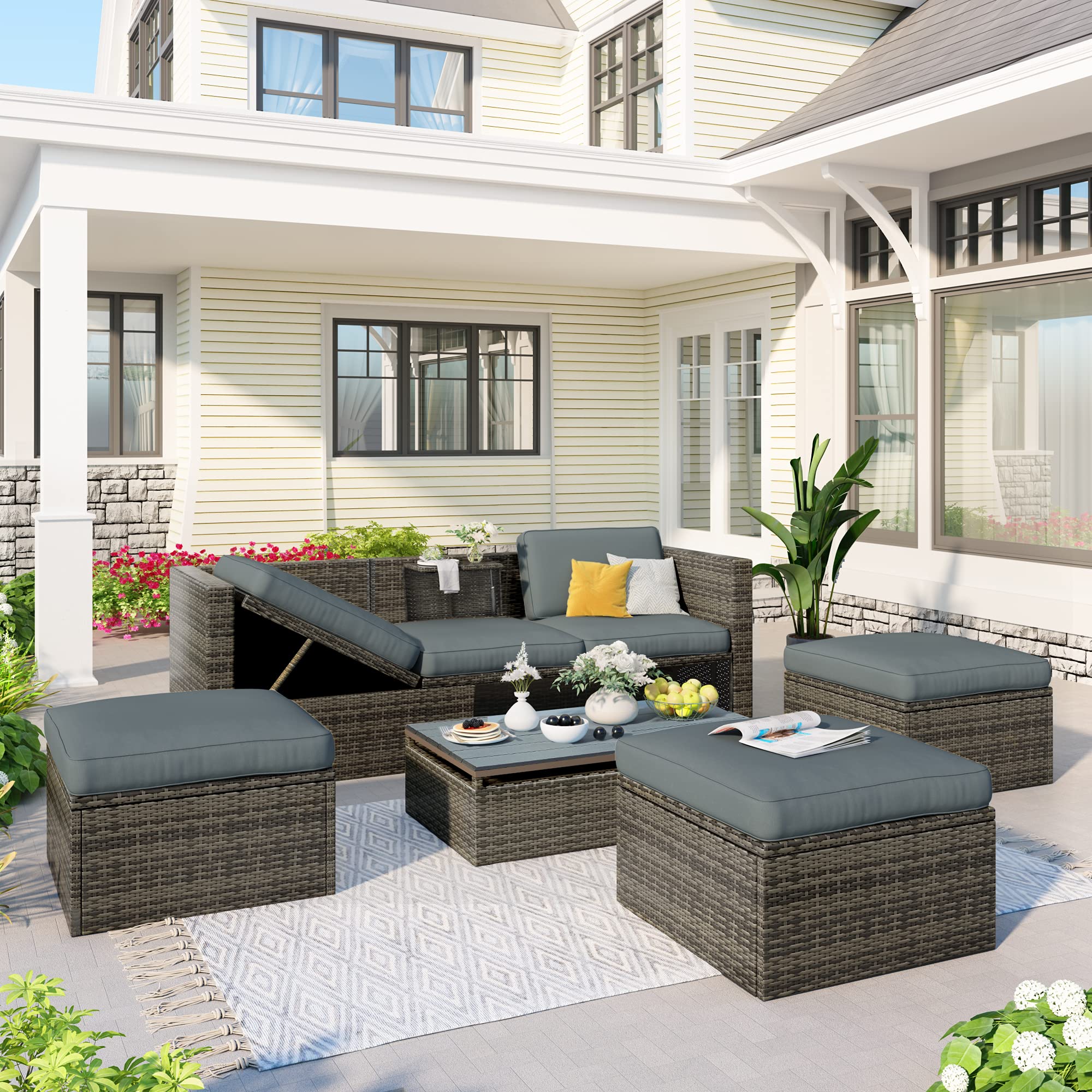 5-Piece Outdoor Patio Furniture Set - Wicker Sofa with Adjustable Backrest, Cushions, Ottomans & Lift-Top Coffee Table - Perfect for Garden, Poolside, Backyard, Balcony (Grey) - Ideal for Relaxing, Entertaining & Outdoor Lounging