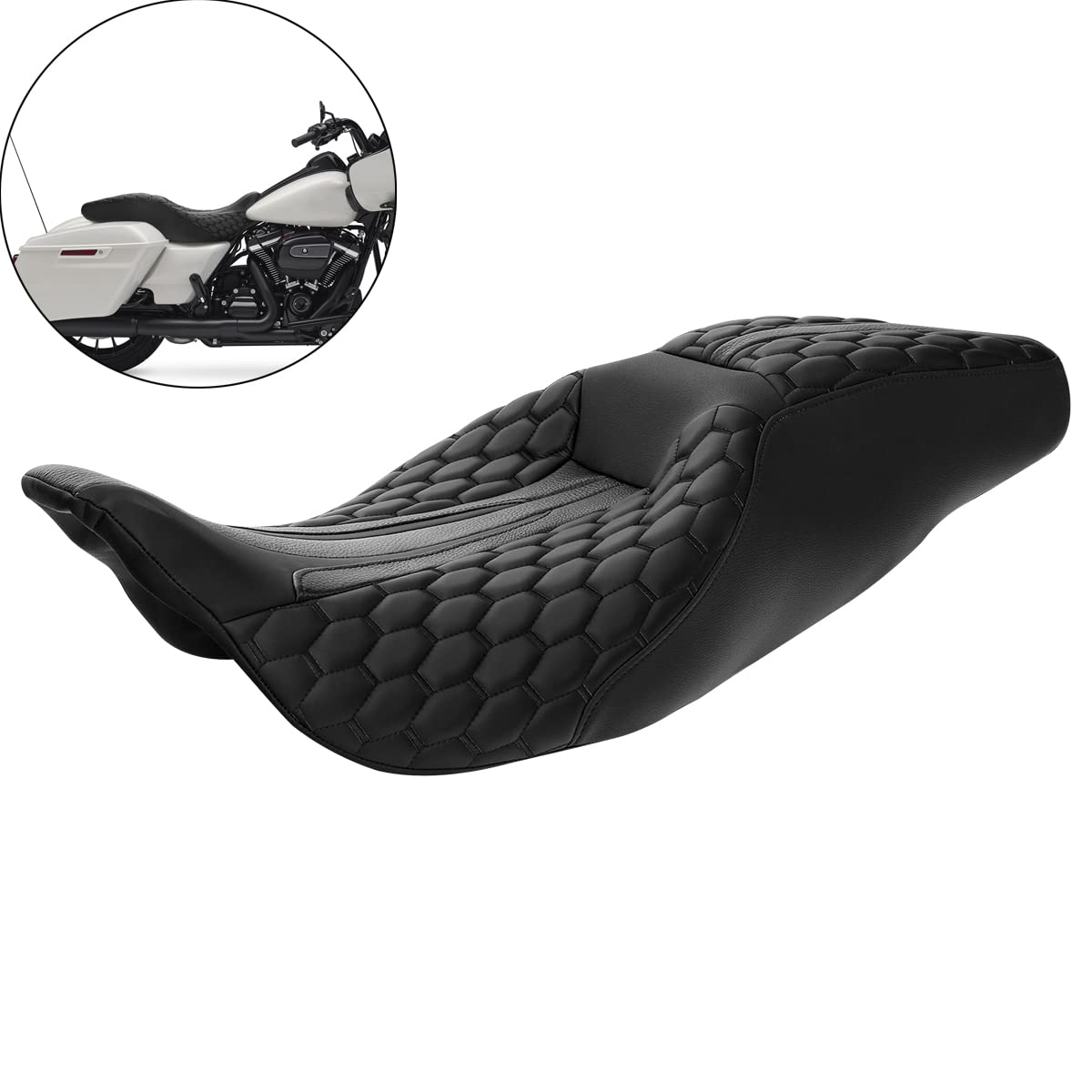 SLMOTO One-Piece 2-Up Motorcycle Seat for Harley Touring Models - Compatible with Road King, CVO Road Street, Electra Glide Ultra Classic (2009-2023) & Road King Special FLHRXS (2017-2023) - Comfortable Driver & Passenger Seat for Long Rides and Road Trips
