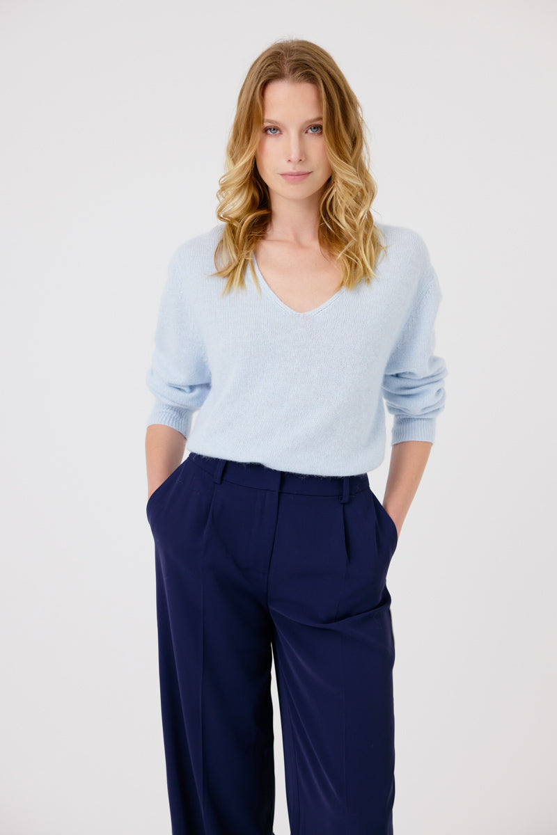 Cassidy V Neck Jumper Sweater for Women - Soft Blue Knit Pullover, Comfortable Casual Wear for Office, Date Night & Fall Outfits