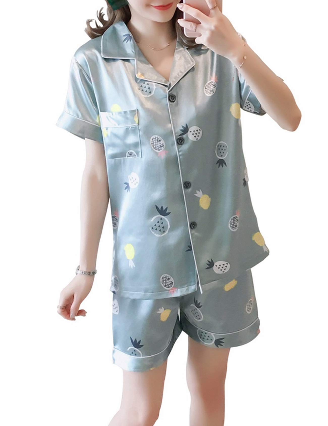 Women's Short Sleeve Notch Collar Pajama Set - Soft Cotton Sleepwear with Tropical Palm Leaf Print, 2-Piece Lounge Outfit for Women | Perfect for Sleepovers, Vacation & Relaxing at Home