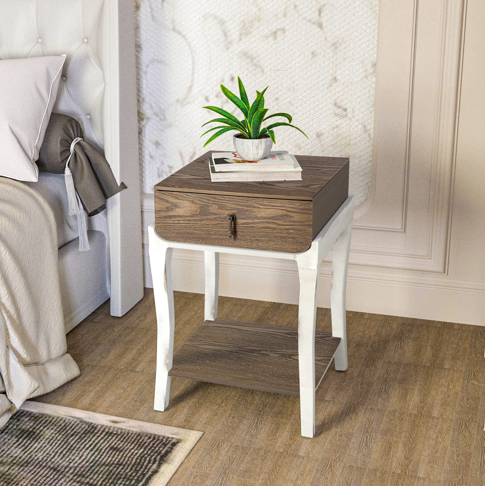 AQUILLA 2-Tier Rustic Nightstand with Storage Drawer - Solid MDF Square Accent Table, Vintage End Table for Bedroom & Living Room - White Legs with Walnut Top - Perfect for Small Spaces, Apartment Decor & Guest Rooms