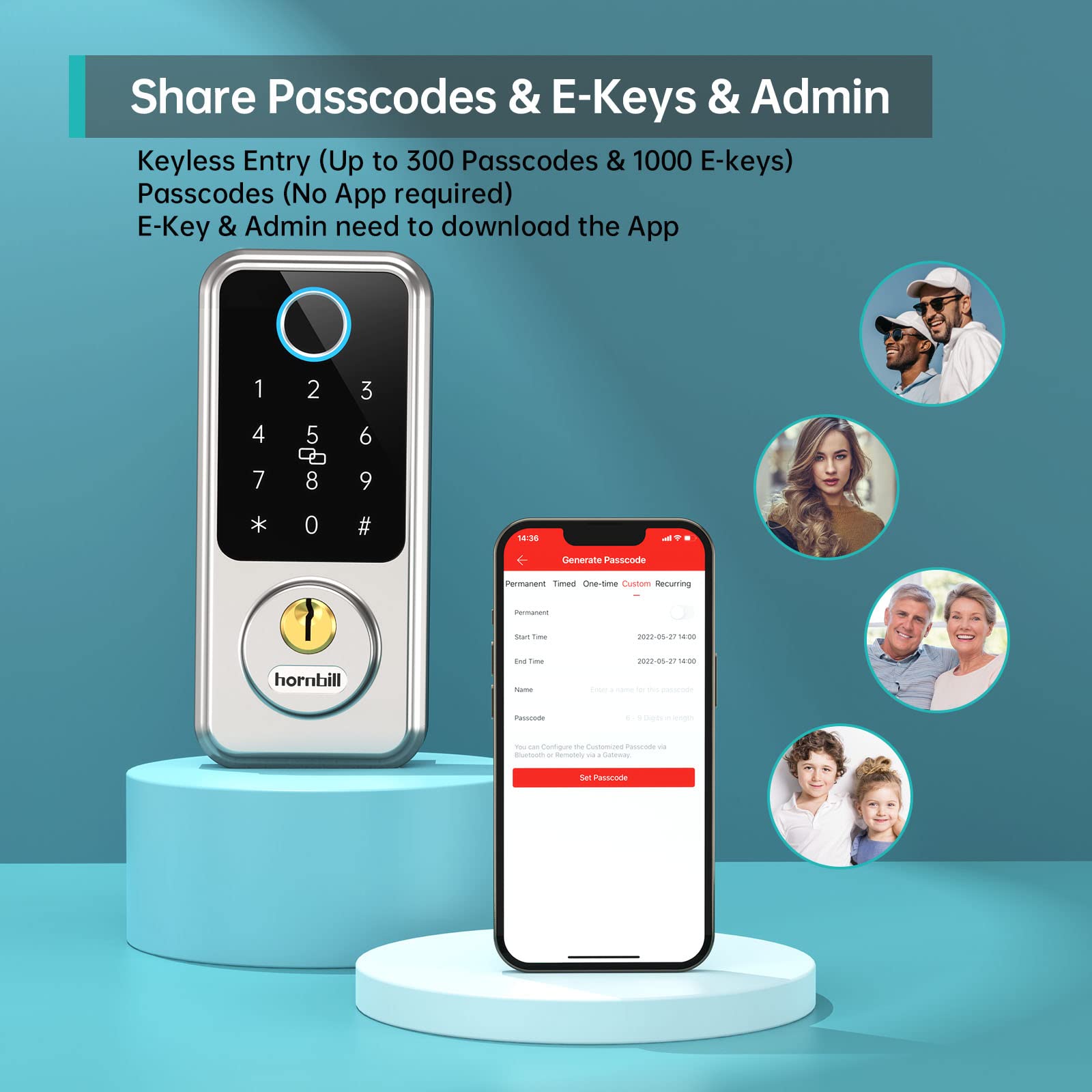 Hornbill Biometric Fingerprint Smart Lock with Front Door Handle Set - Keyless Entry Smart Door Lock with Keypad & Bluetooth - 8-in-1 Smart Deadbolt for Home Security - Auto Lock Digital Smart Door Lock for Front Door, Apartment & Office Access