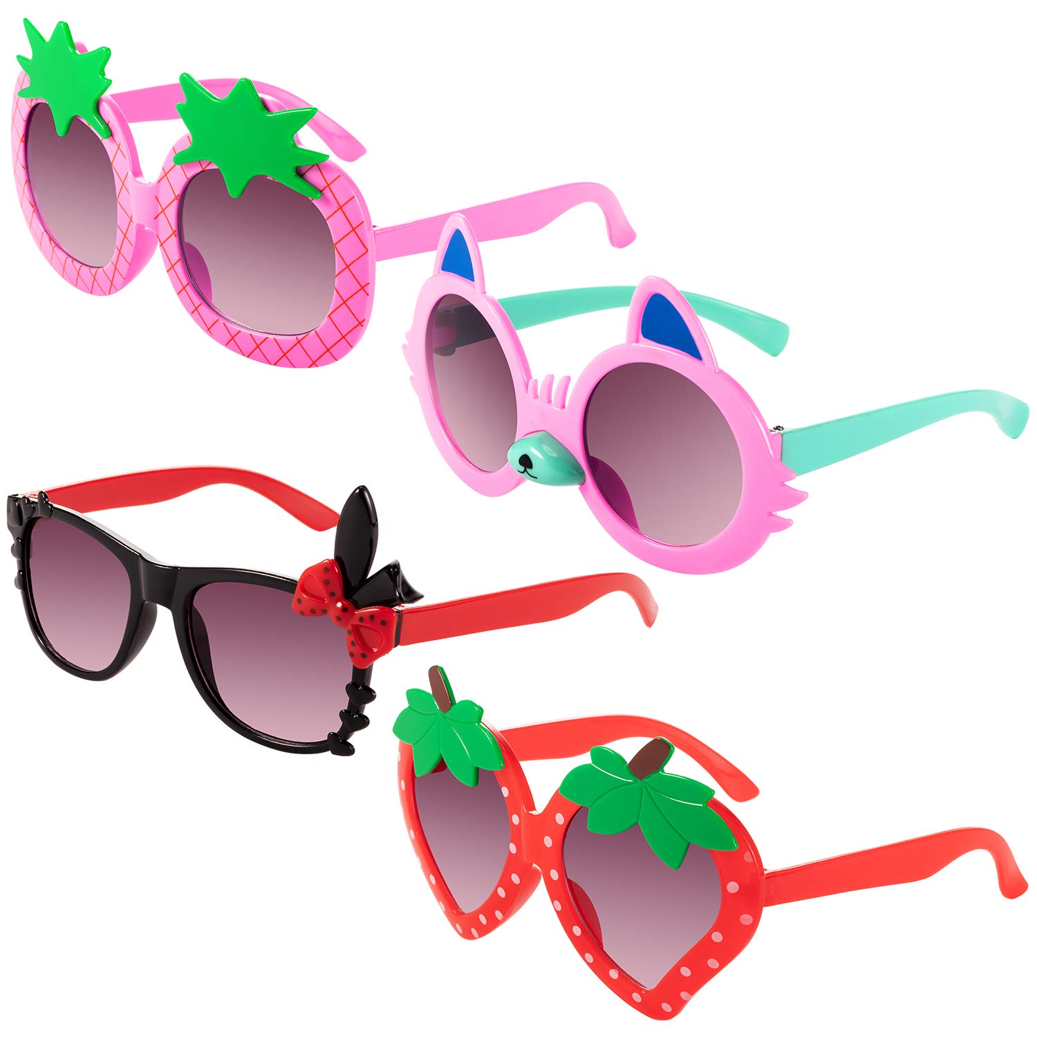 4 Pairs Cute Toddler Sunglasses for Girls - Strawberry, Pineapple & Rabbit Shaped Fun Sunglasses | UV Protection for Outdoor Play, Beach & Summer Activities