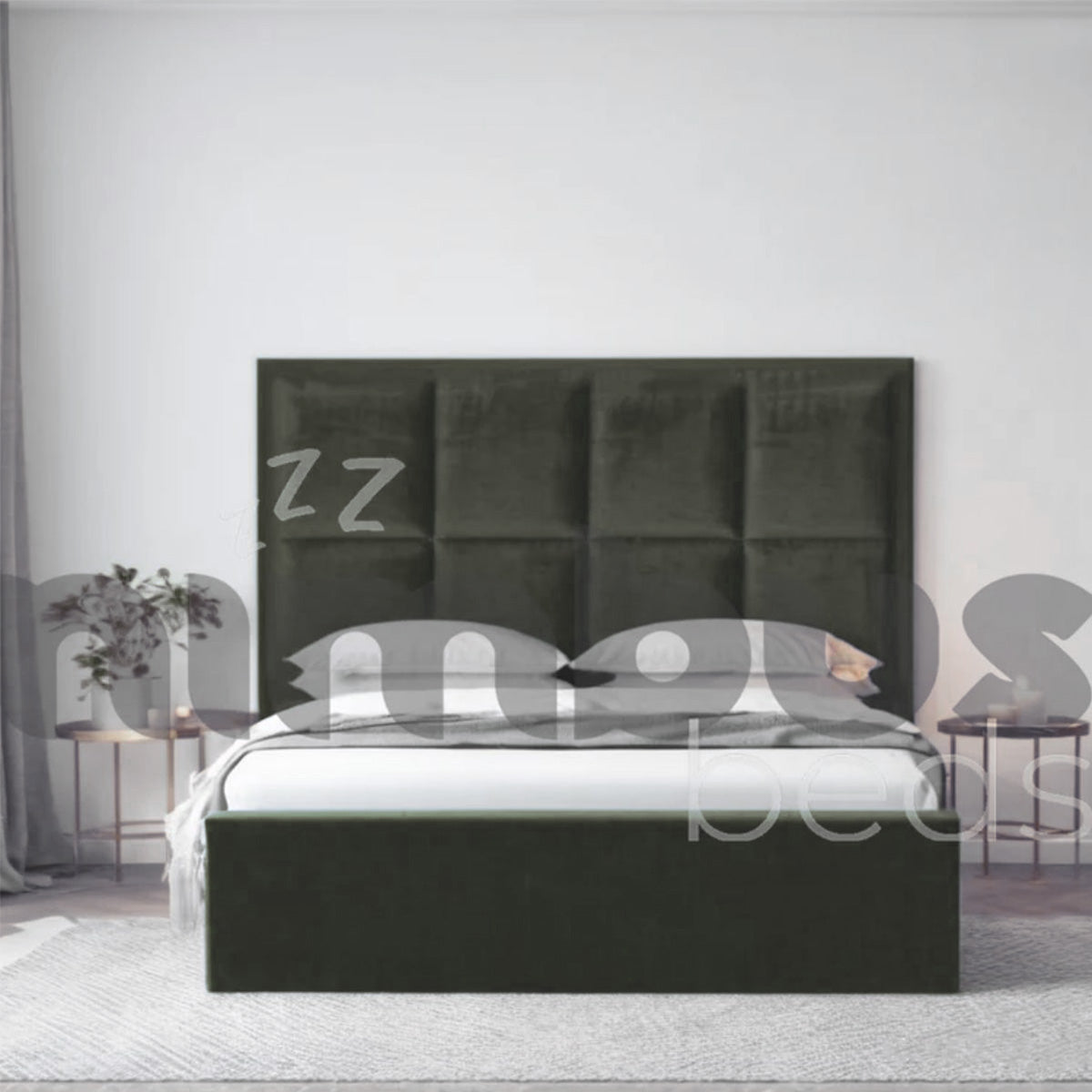 8 Square Panel Bed Frame - Queen Size Wooden Platform Bed with Upholstered Headboard - Perfect for Modern Bedrooms & Guest Rooms