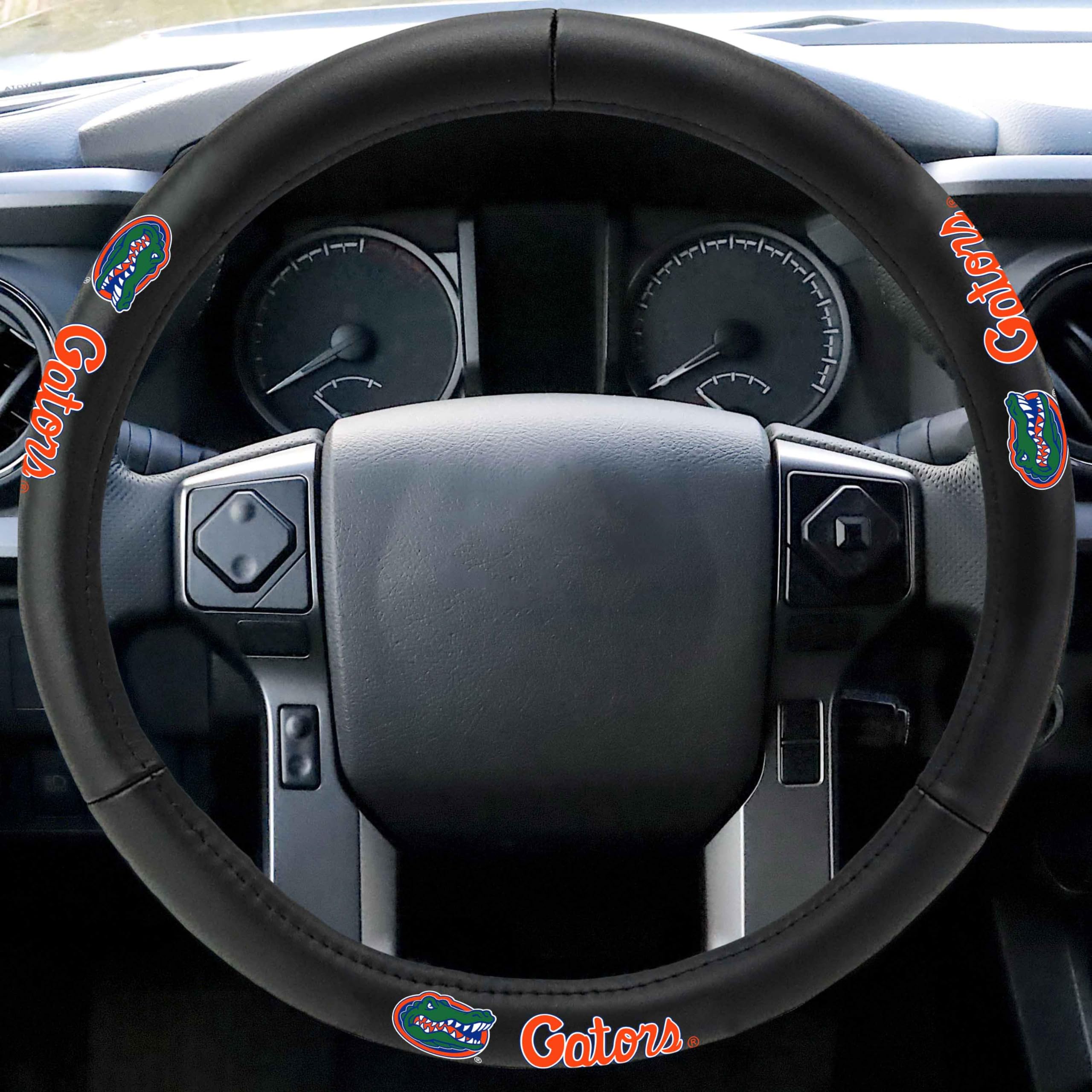 FANMATS 40512 Genuine Leather Steering Wheel Cover for University of Florida Gators - Black 15