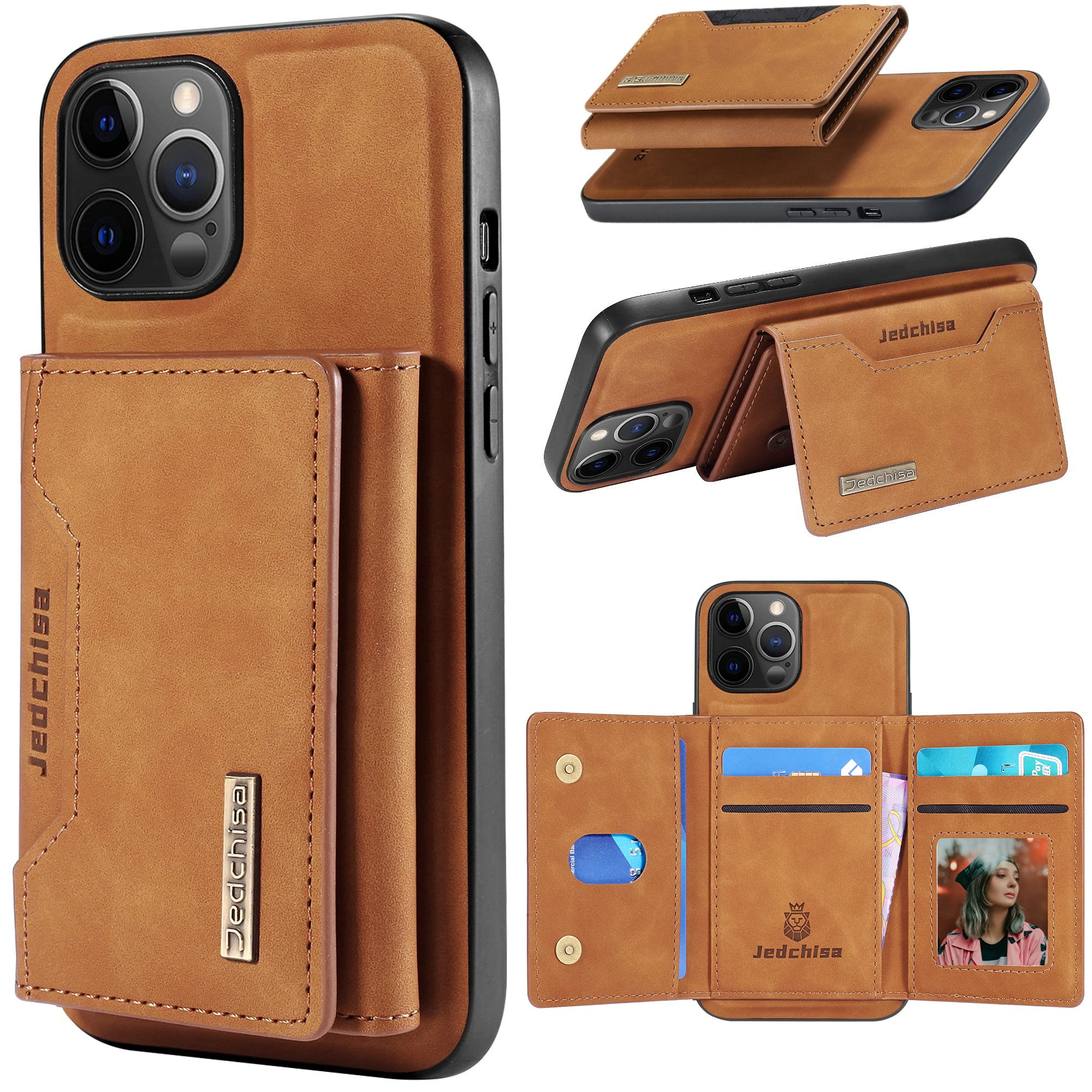 Premium Jedchisa Magnetic Wallet Case for iPhone 13 - Detachable Faux Leather Cover with 8 Card Slots & Kickstand | Shockproof Protection | Perfect for Work, Travel & Everyday Use (Brown)