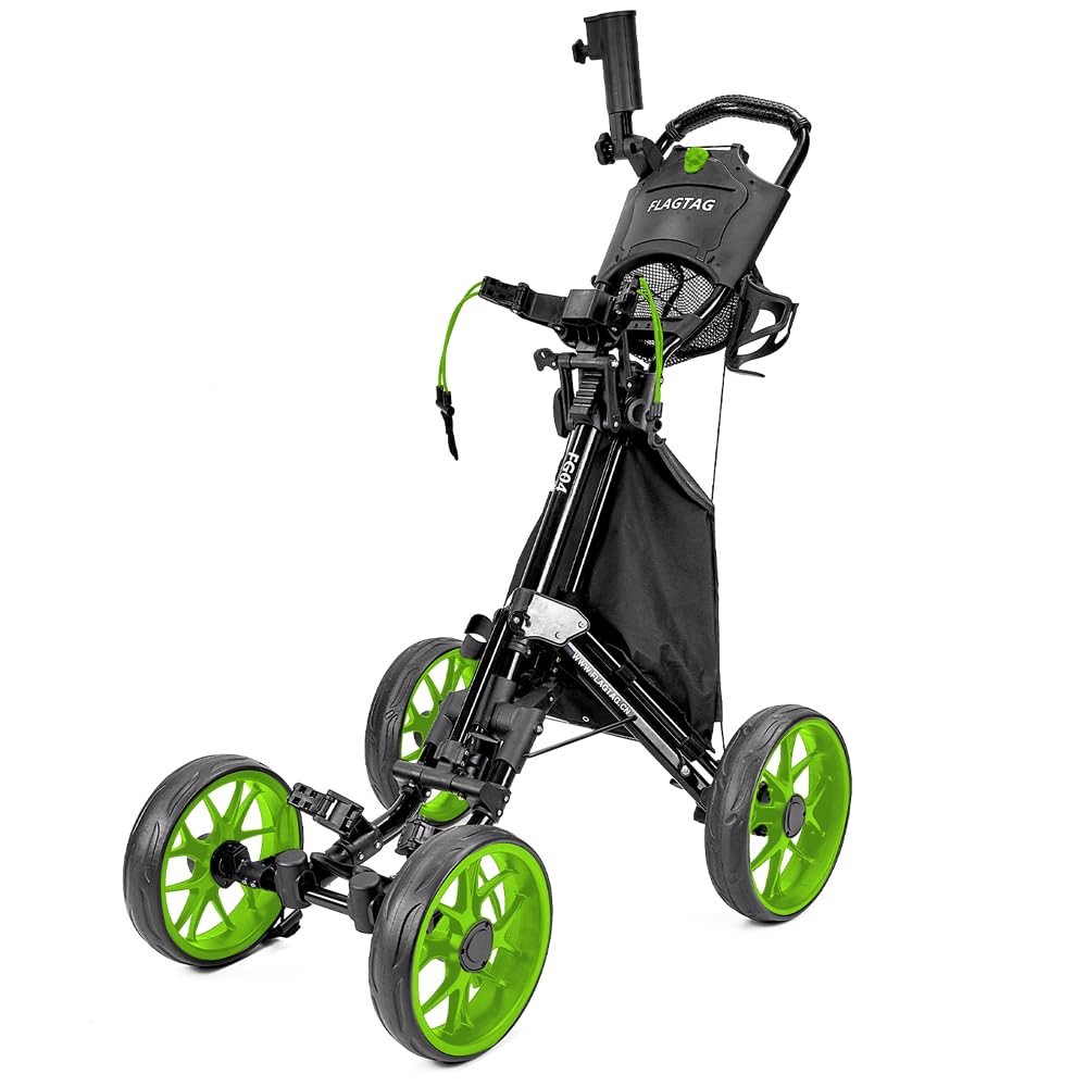 4-Wheel Folding Golf Push Cart with Cup Holder, Umbrella Holder & Cooler Bag - One-Click Foldable, Adjustable Handle Height - Perfect for Walking Golfers on the Course