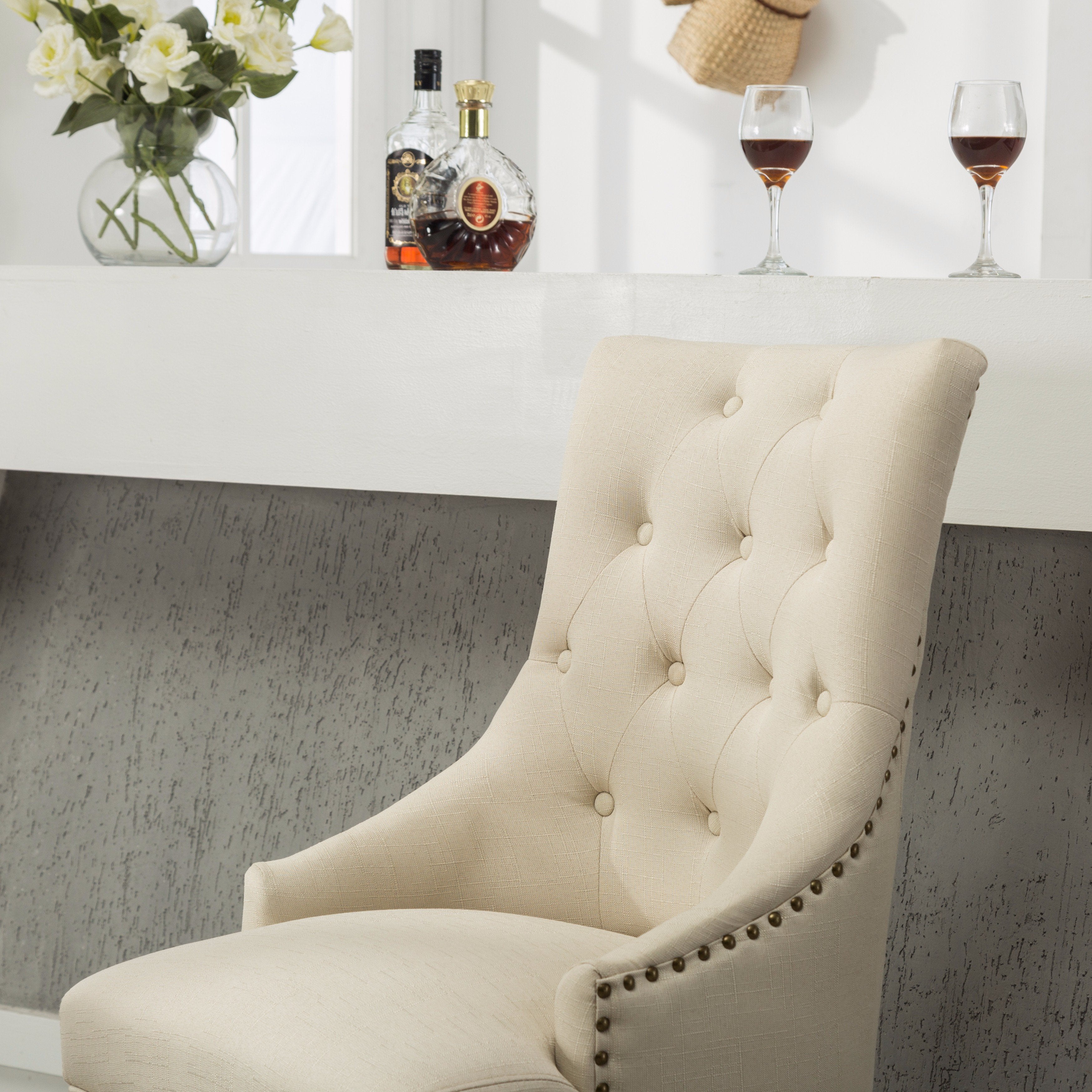 Roundhill Furniture Solid Wood Wingback Hostess Chairs - Button Tufted with Nail Heads, Tan (Set of 2) - Perfect for Dining Room, Living Room or Home Office Decor