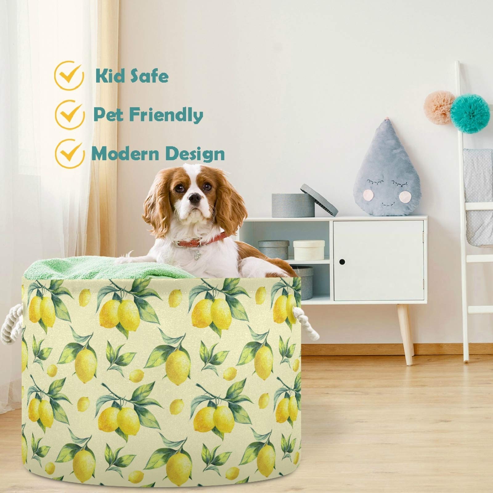 Visesunny Collapsible Storage Basket - Lemon Yellow Pattern Nursery Hamper for Clothes, Toys & Laundry | Foldable Organizer Bin for Kids Room, Playroom, Bathroom, Living Room, Dorm & Office | Perfect for Home Organization & Space Saving