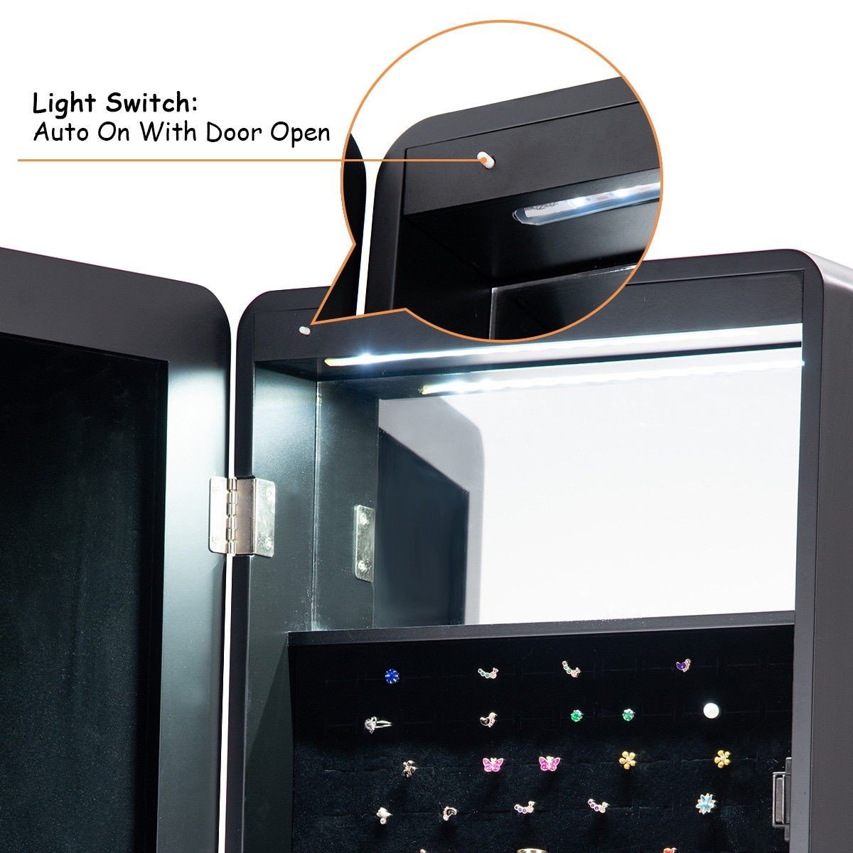 WATERJOY Solid LED Jewelry Armoire Organizer with Full-Length Mirror - 3-Angle Adjustable Standing Jewelry Cabinet with Bevel Edge Mirror - Perfect for Bedroom, Dressing Room & Closet Organization