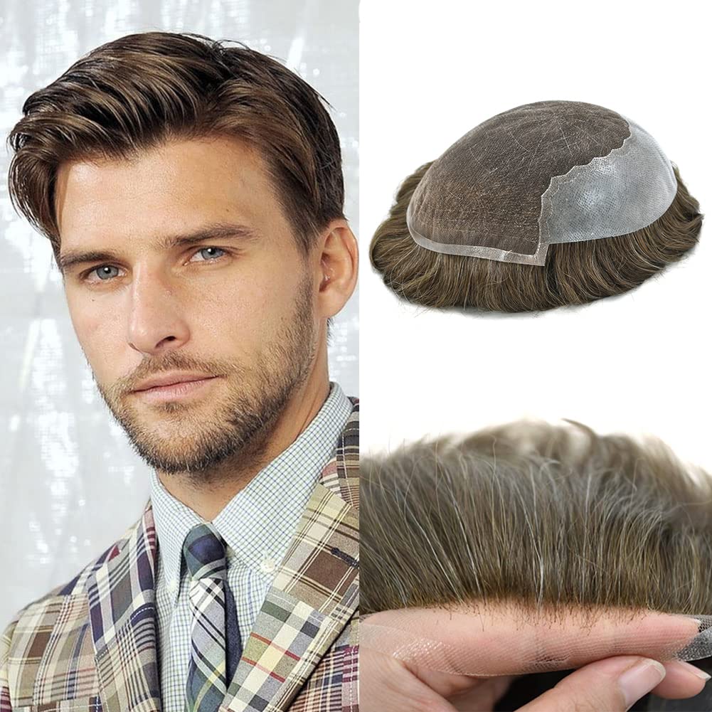 100% European Real Human Hair Toupee for Men - Swiss Lace Front Hair System with Bleached Knots | Medium Blonde +10% Gray | 7x9