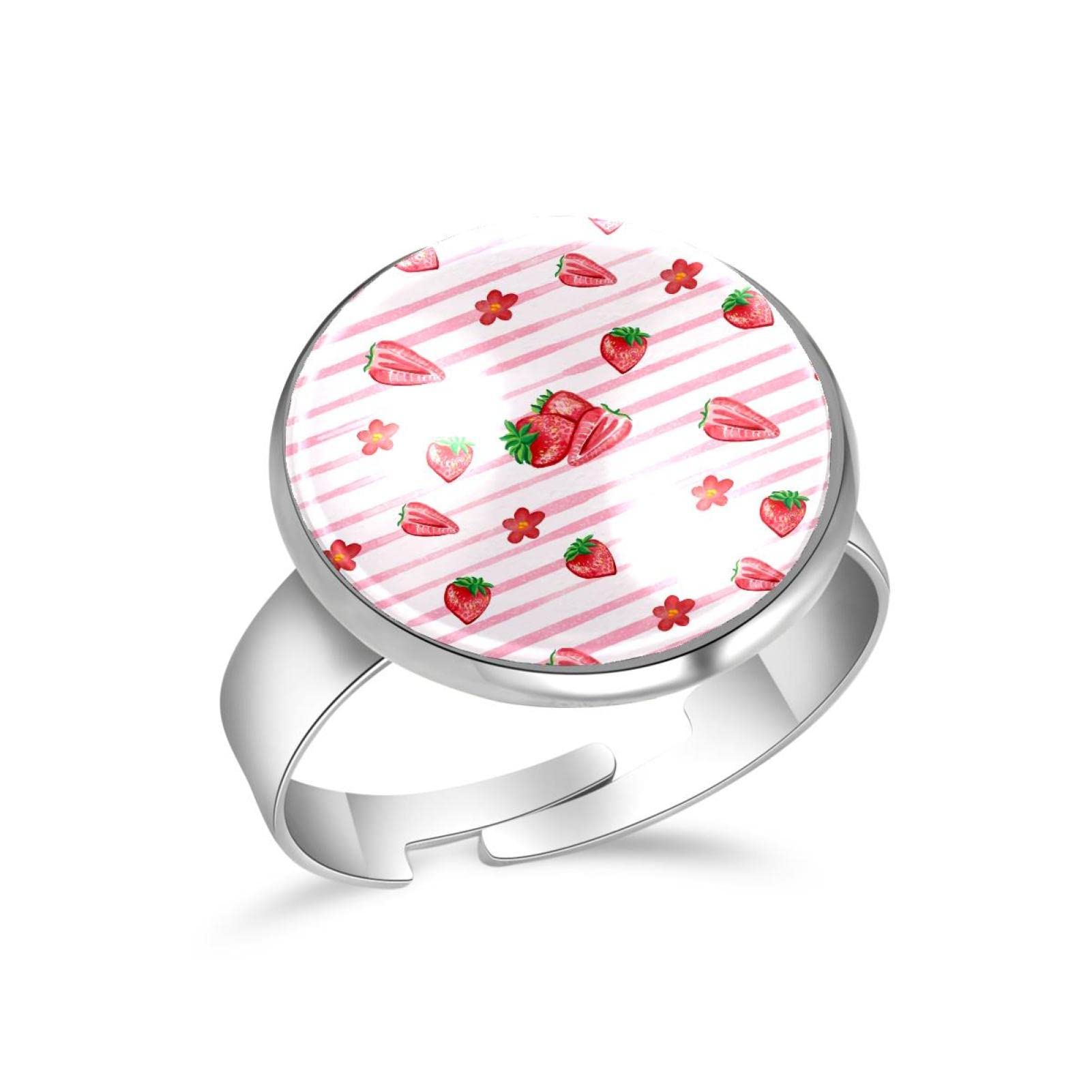 Adjustable Finger Rings for Women & Men - Striped Watercolor Strawberry Design Fashion Jewelry for Daily Wear & Gifting