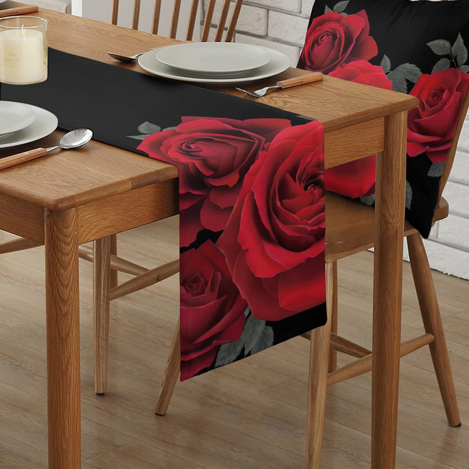 Valentine's Day Red Rose Black Table Runner 13