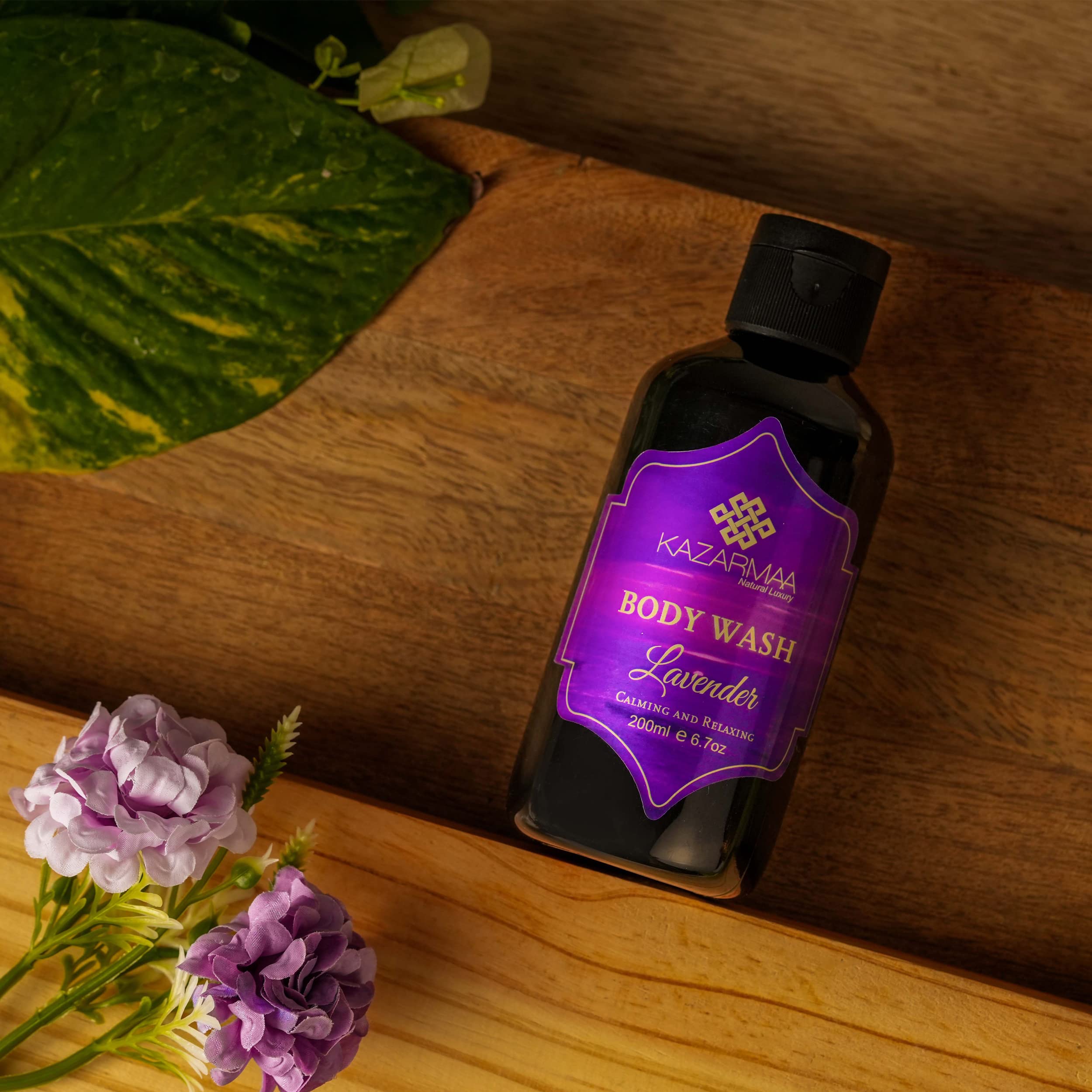KAZARMAA Lavender Shower Gel & Body Wash - Moisturizing, Calming & Relaxing - 200ml with Loofah - Perfect for Stress Relief & Aromatherapy Baths
