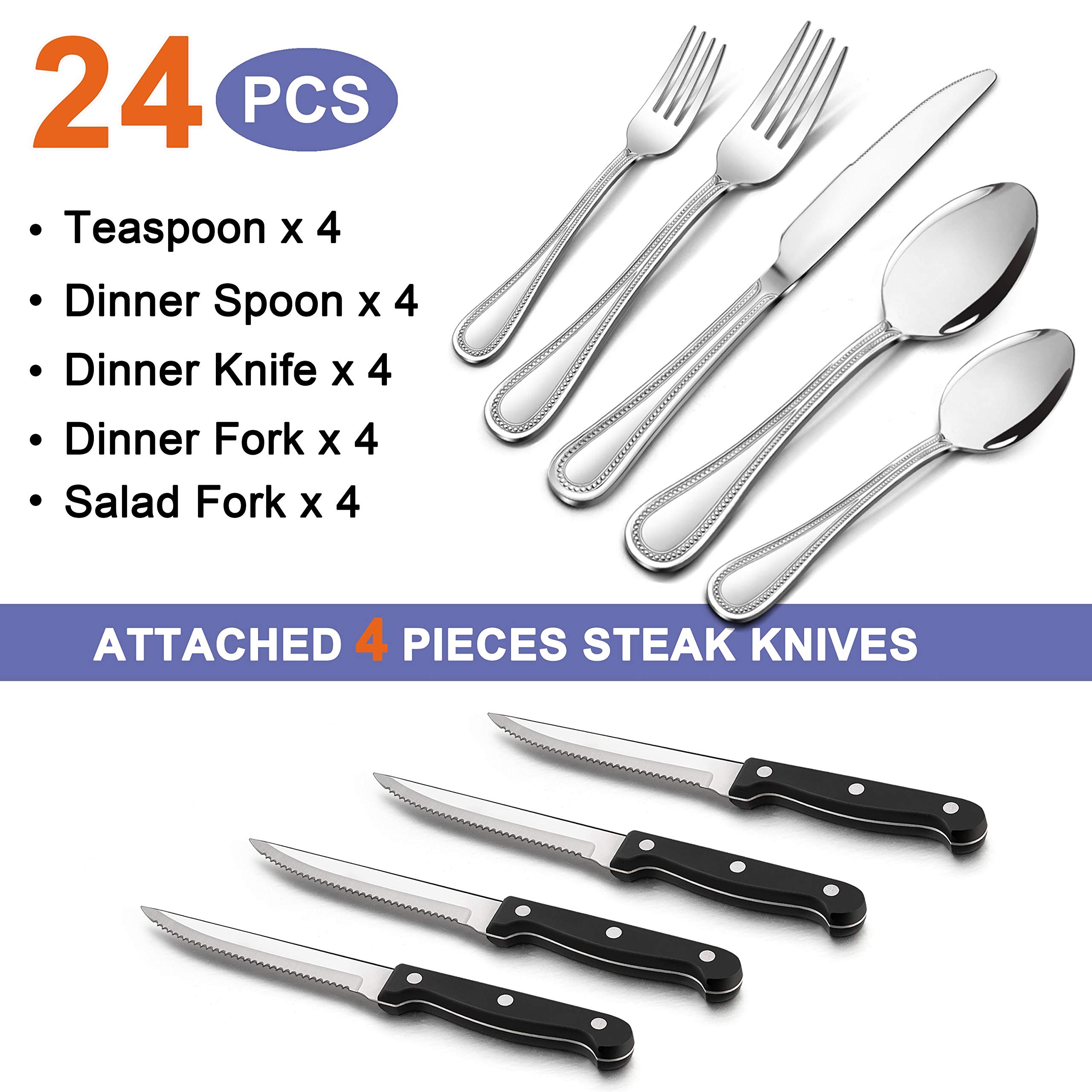 24-Piece Stainless Steel Silverware Set with Steak Knives for 4 - Elegant Beaded Edge Flatware Cutlery Set for Kitchen, Restaurant & Hotel - Dishwasher Safe Tableware for Fine Dining, Dinner Parties & Everyday Use