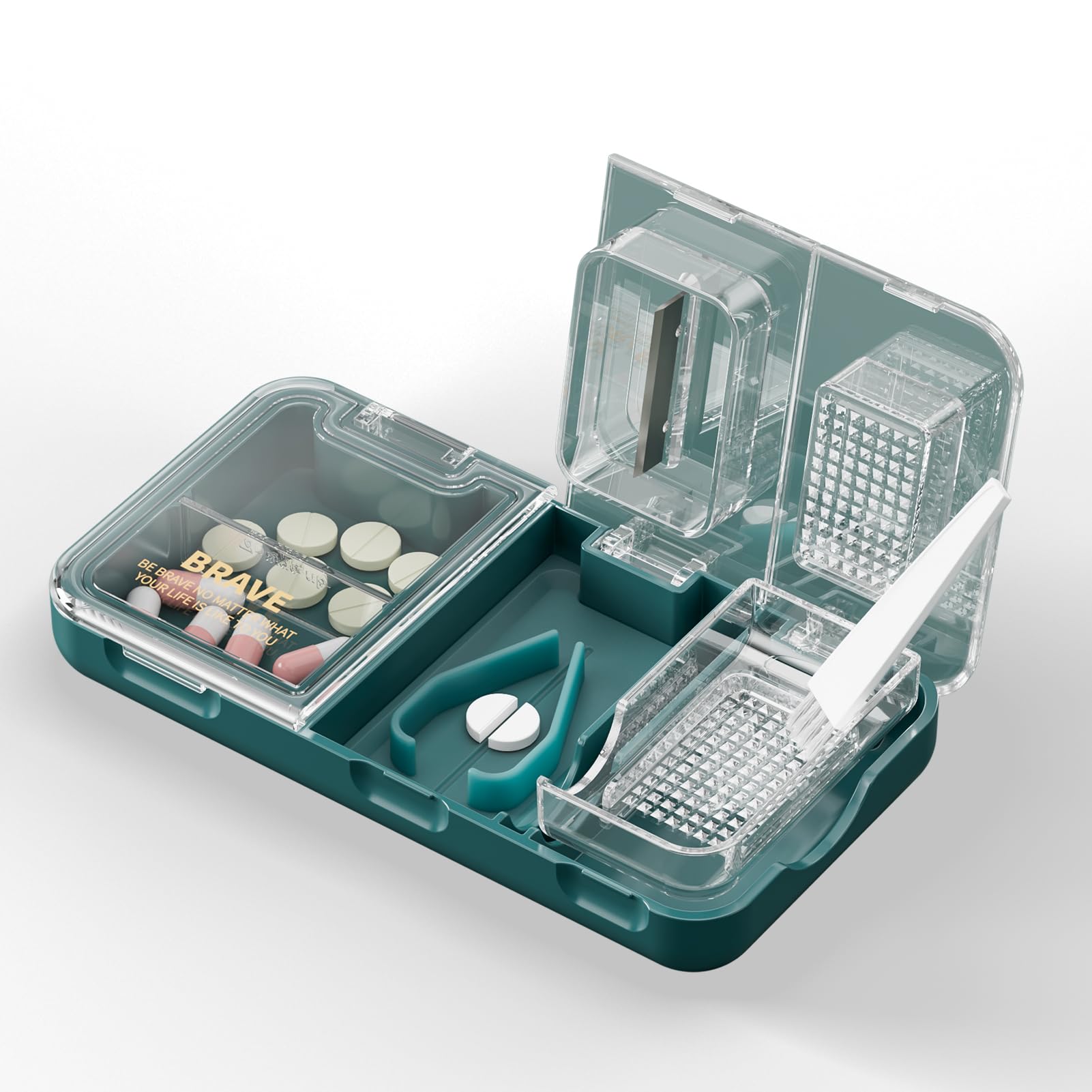 CFMOUR 3-in-1 Pill Cutter, Crusher & Storage Organizer - Precise Pill Splitter for Small/Large Tablets with Powder Brush - Perfect for Elderly, Kids & Pets Medication (Green) - Ideal for Home, Travel & Veterinary Use