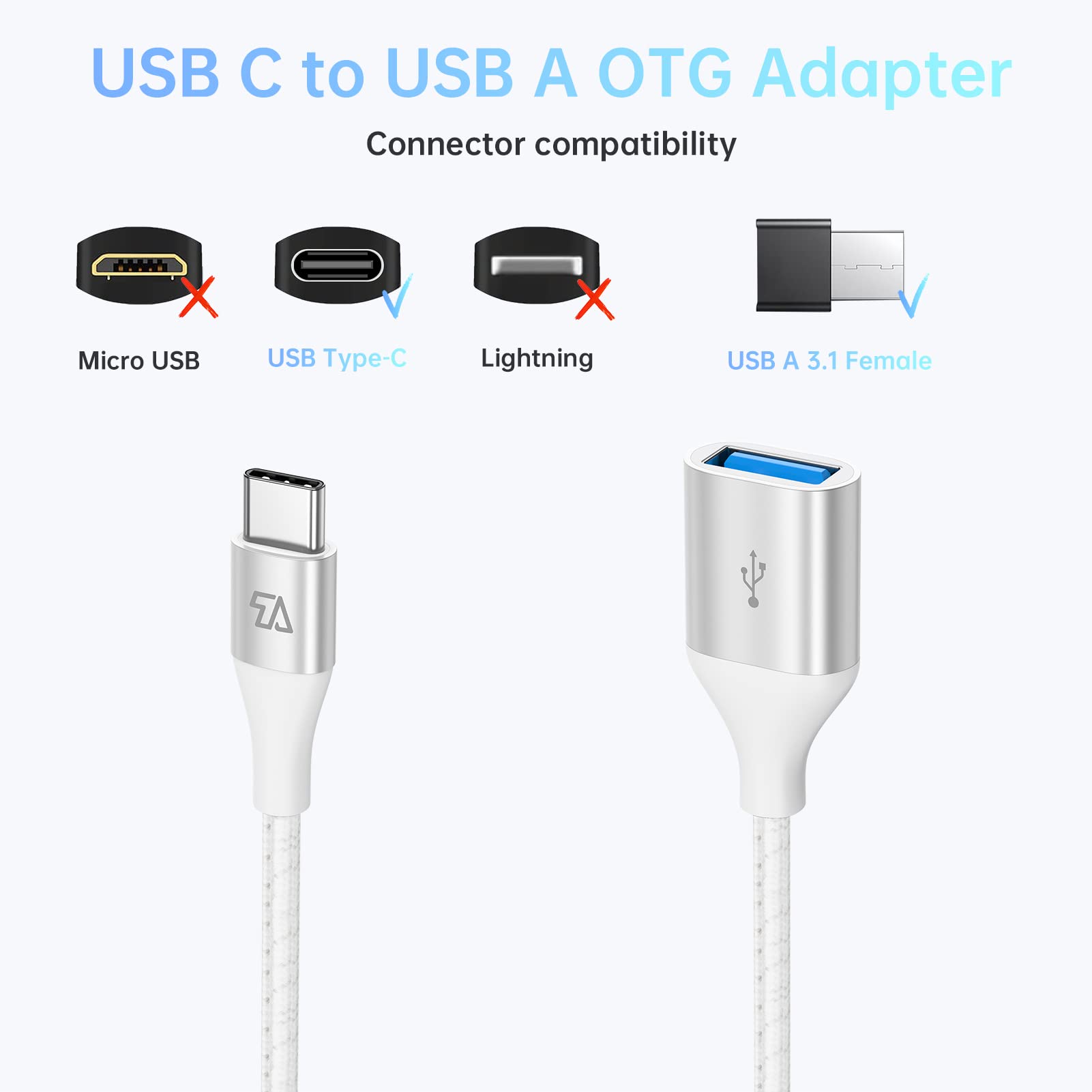 USB C to USB Adapter 10Gbps, USB C to USB 3.1 Female OTG Cable for Samsung Galaxy S20/S10/S9, MacBook Pro, iPad Air 2020 - Fast Data Transfer & Charging for Travel, Office & Home Use