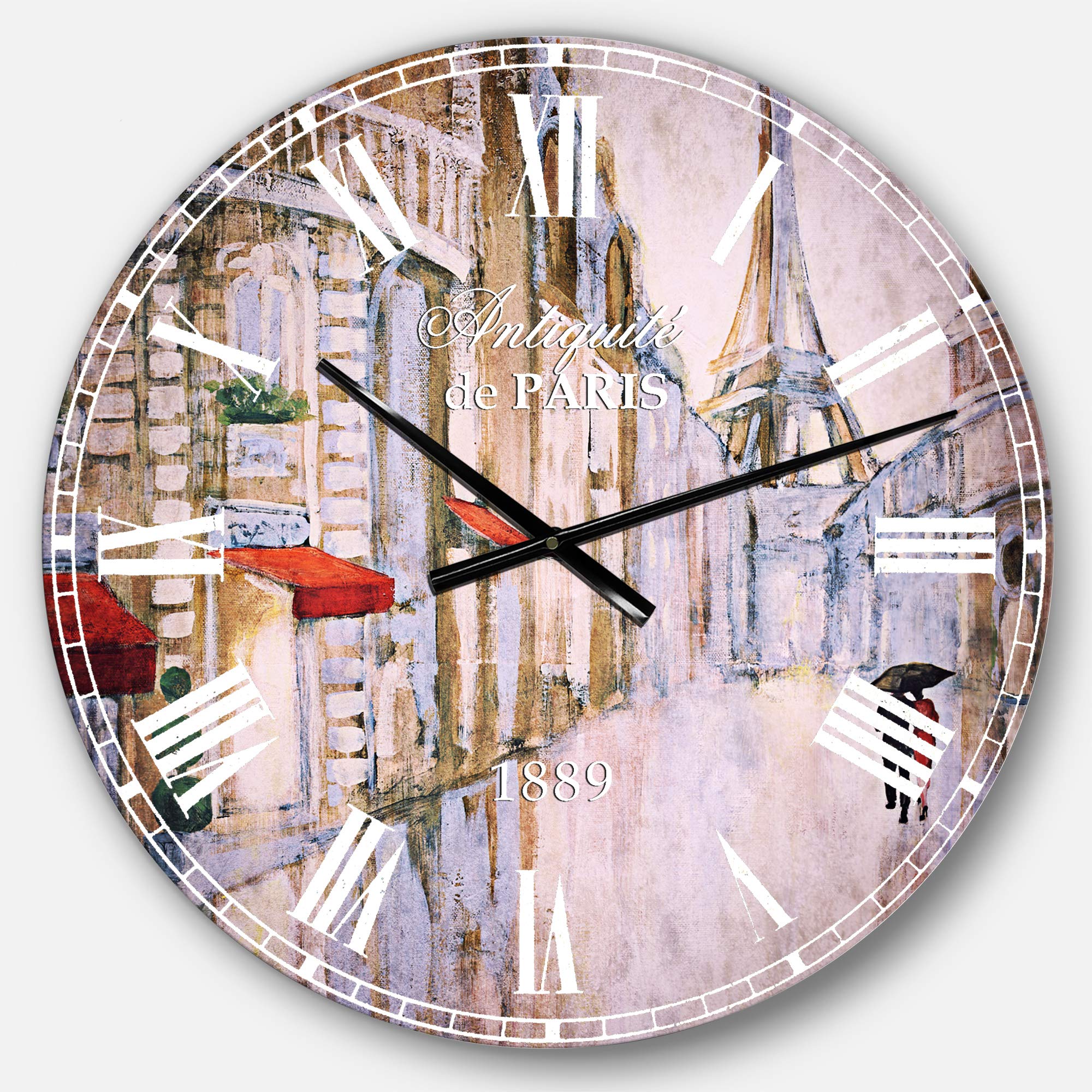 Designart Love in Paris III French Country Round Wall Clock - Vintage Metal Wall Art for Home, Living Room, Bedroom & Office Decor | Perfect for Farmhouse, Boho & Rustic Interior Design Styles