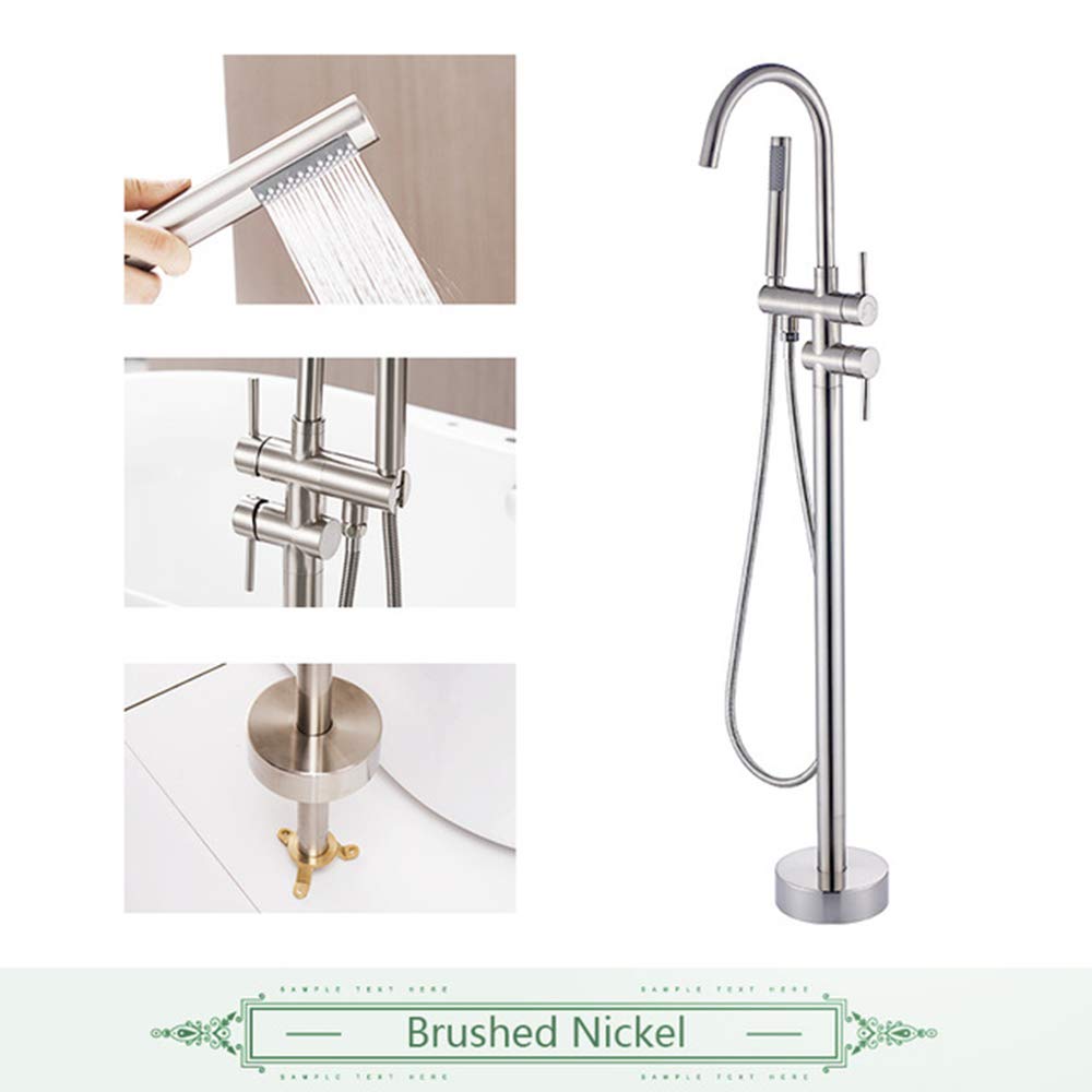 Brass Freestanding Bathtub Faucet with Hot & Cold Water - Double Handle Floor Mounted Bath Shower Mixer with Handheld Showerhead - Brushed Nickel Finish for Modern Bathroom & Spa Relaxation