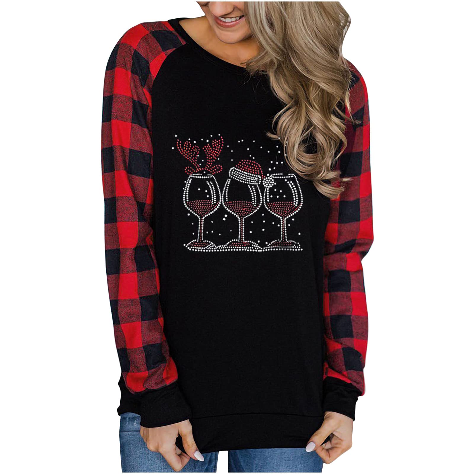 Festive Women's Christmas Plaid Long Sleeve Tops - Loose Fit Fashion Stitching O-Neck Blouse for Holiday Parties, Family Gatherings & Winter Office Wear
