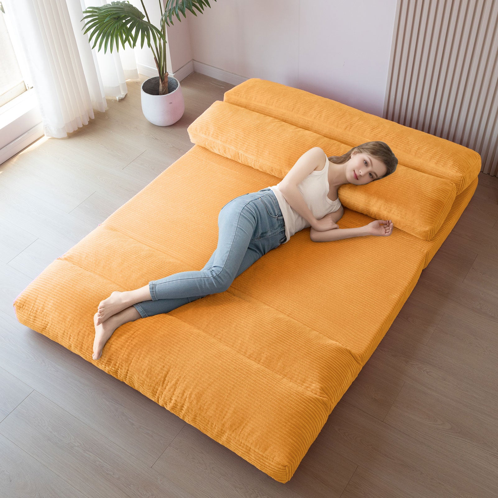 MAXYOYO Corduroy Extra Wide Foldable Bean Bag Sofa Bed - Convertible Floor Mattress for Living Room, Bedroom & Guest Room (Orange)