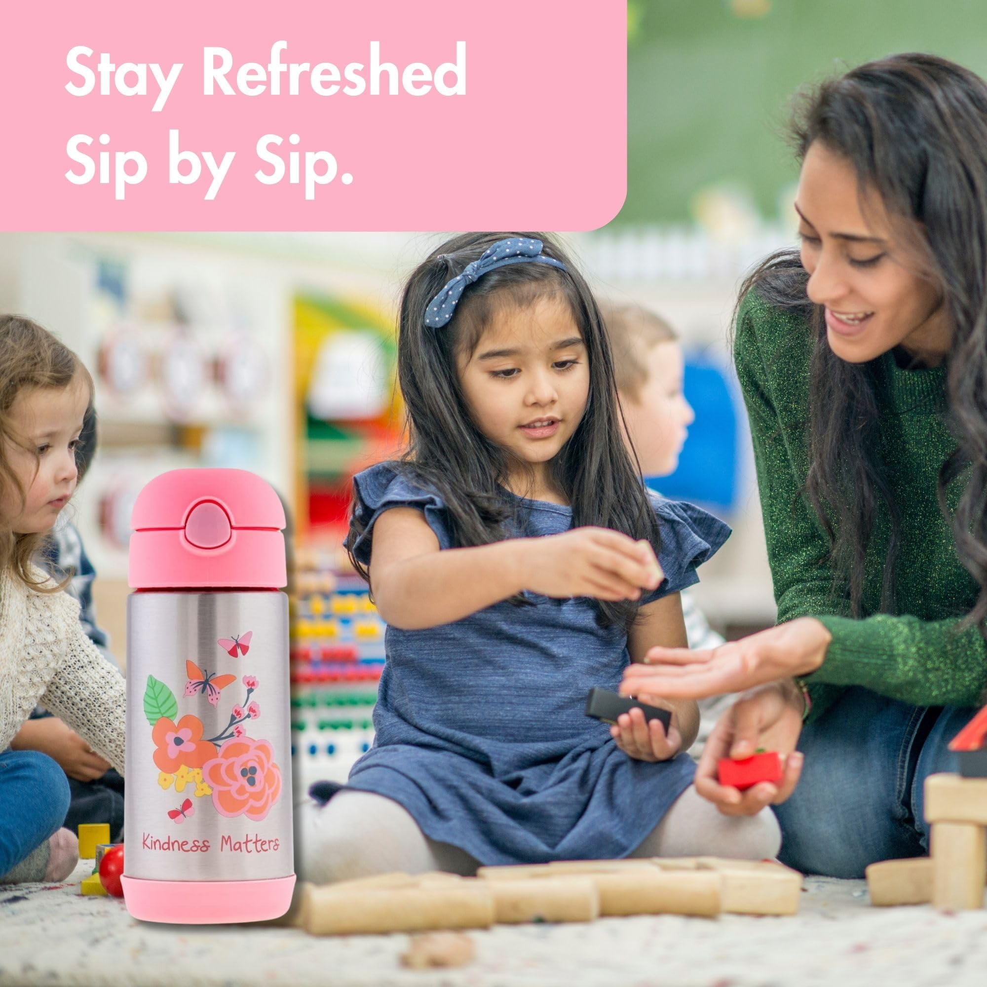 Stephen Joseph Double Wall Stainless Steel Water Bottle for Kids - 11.8oz Vacuum Insulated Toddler Bottle with Straw, BPA-Free, Leak Proof, FLORAL Design (SJ1212) - Perfect for School, Travel & Outdoor Activities
