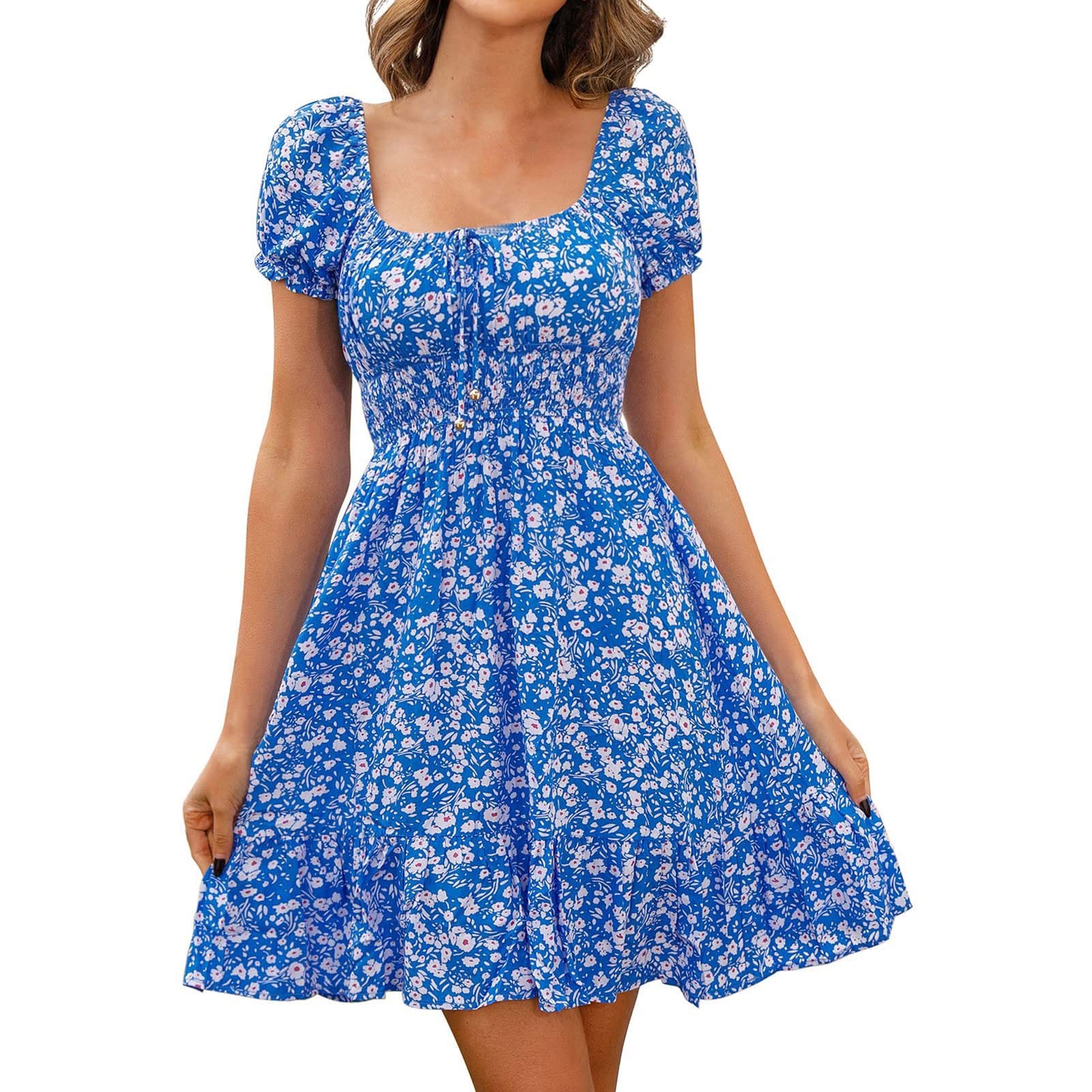Women's Floral Print Bodycon Dress - High Waist Retro Summer Dress with Puff Sleeves | Sexy Clubwear, Date Night Outfit & Beach Vacation Dress