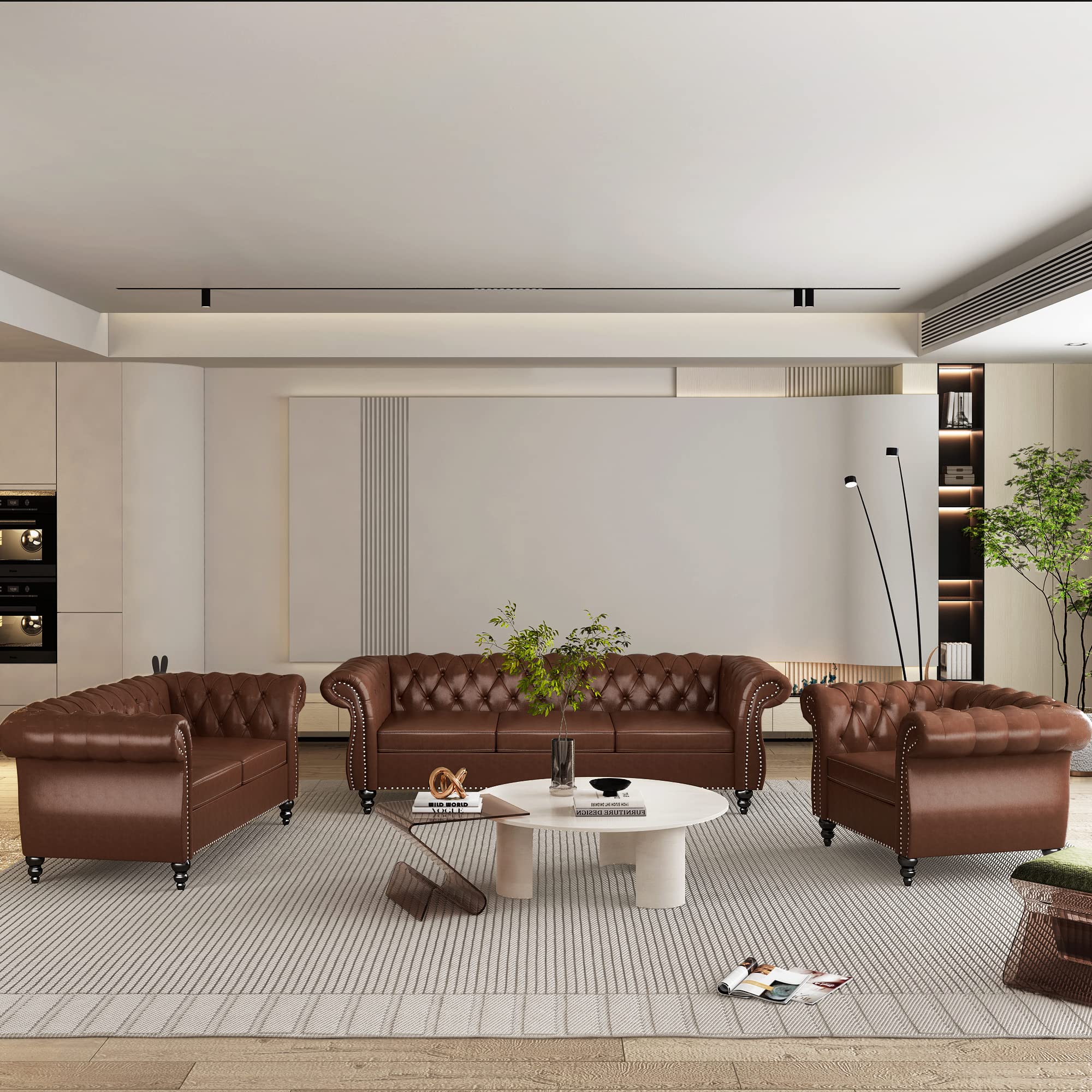 3-Piece Chesterfield Leather Living Room Set - Sofa, Loveseat & Chair with Scroll Arms & Nailhead Trim - Dark Brown - Perfect for Home, Office & Lounge Spaces