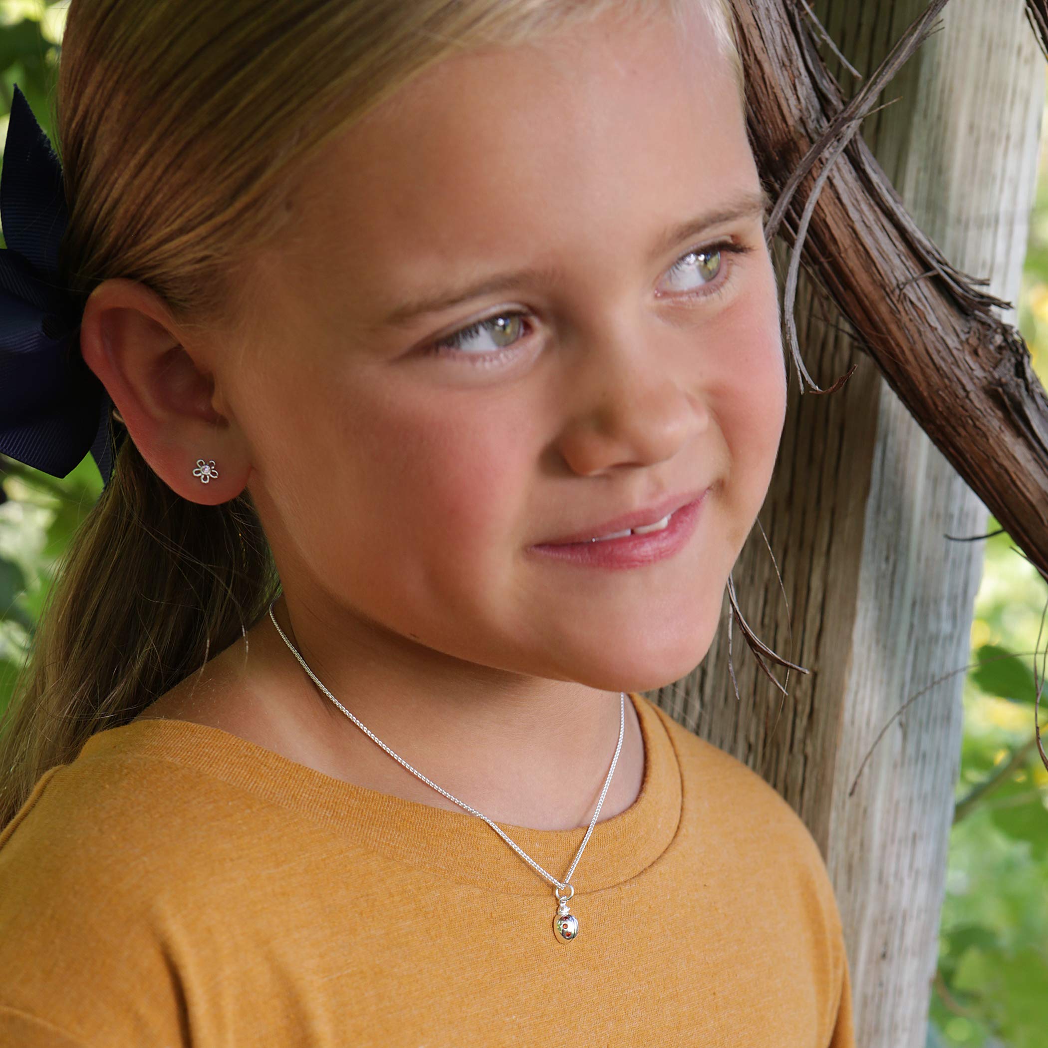 Precious Pieces Kids' Sterling Silver Ladybug Pendant Necklace with Red Cubic Zirconia - 14 Inch Chain - Perfect for Birthdays, First Communion & Special Occasions