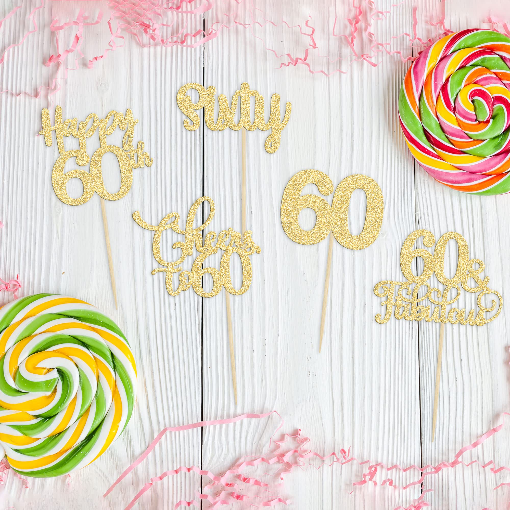 30 Pack Gold Glitter 60th Birthday Cupcake Toppers - 
