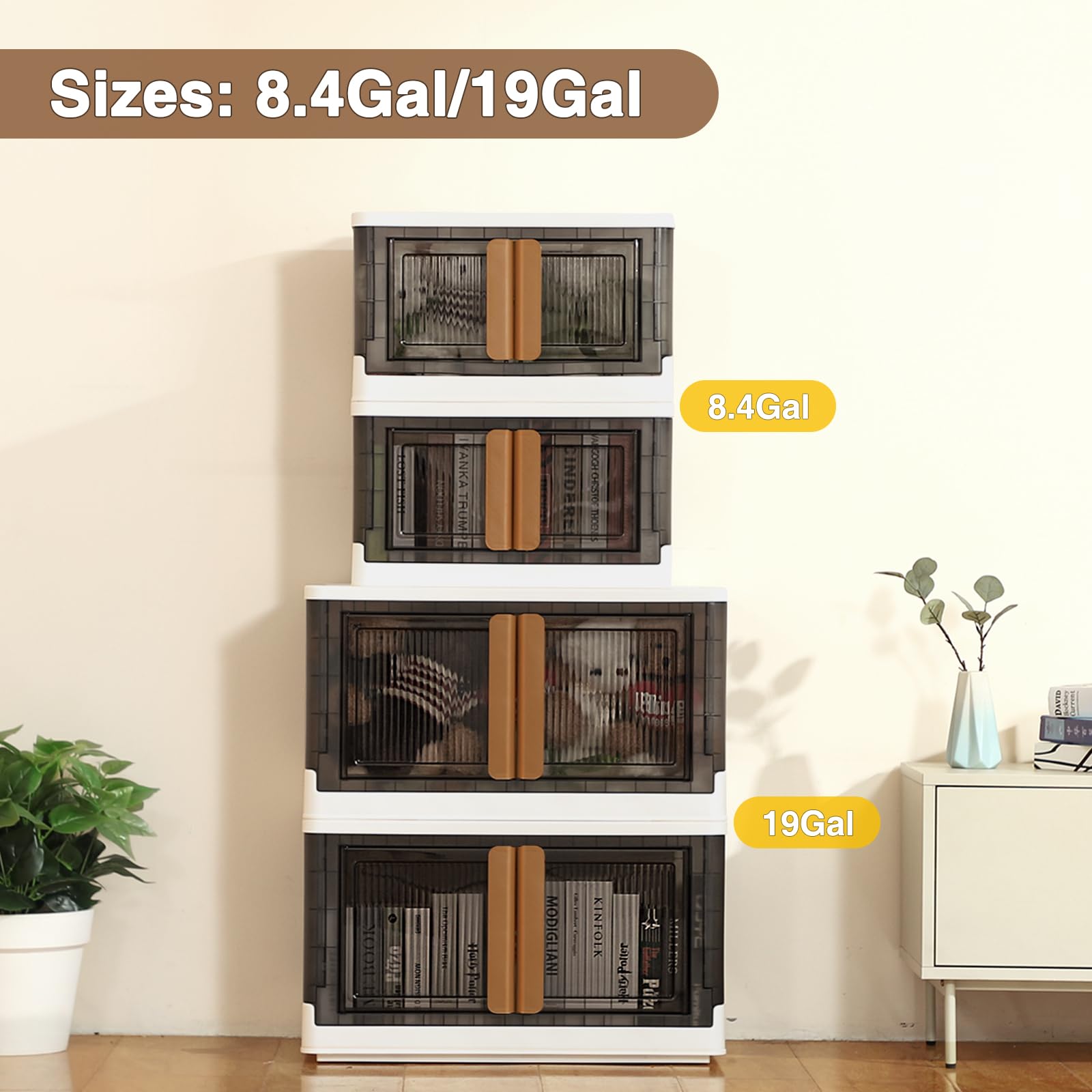 3-Pack 300QT (75 Gallon) Stackable Plastic Storage Bins with Lids & Wheels - Foldable Closet Organizers & Collapsible Cabinet with Doors for Home, Dorm, Office - Perfect for Clothes, Toys, Seasonal Items & Organization (V6 Brown)