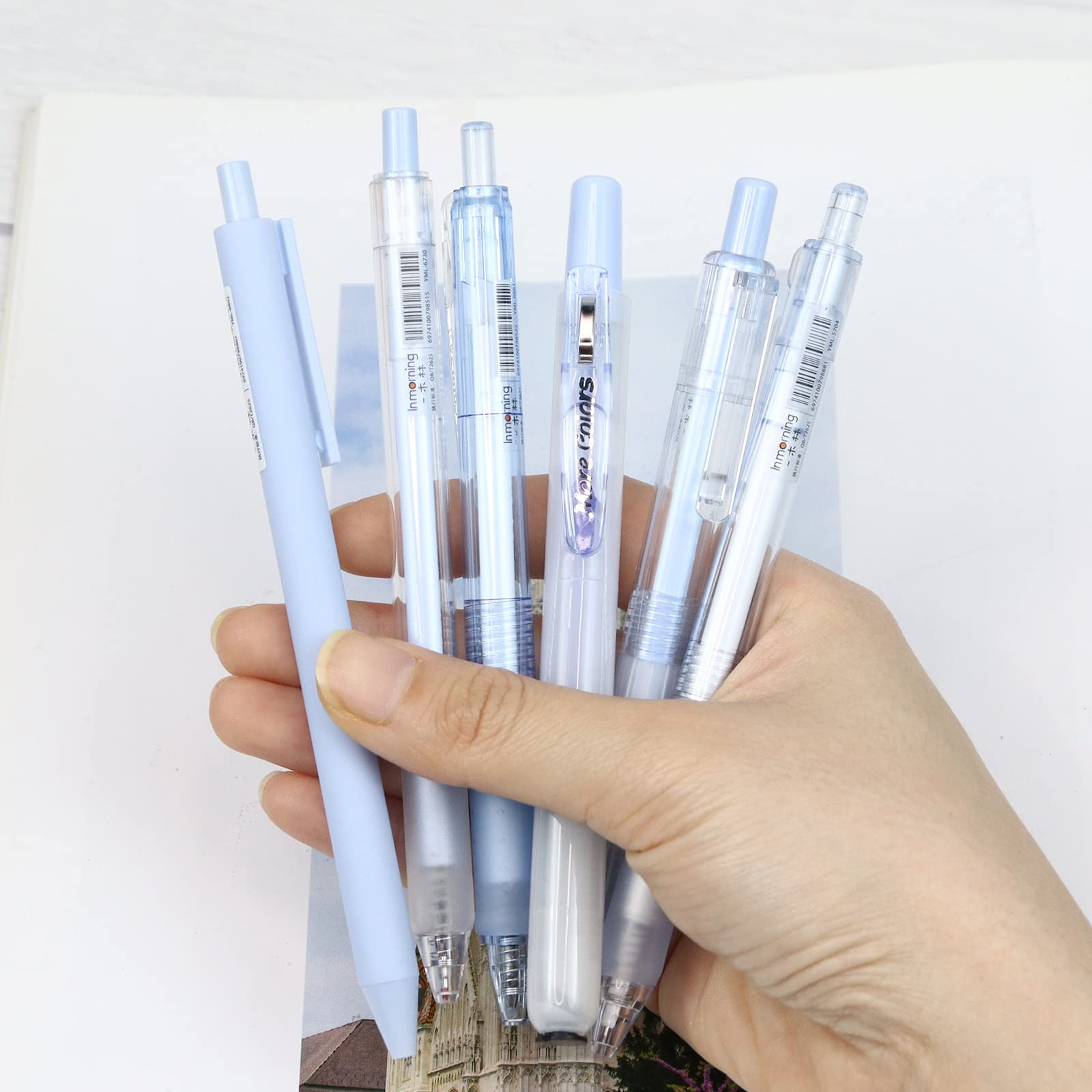 Buqoo 6-Pack Retractable Gel Pens & Pastel Highlighters Set - 0.5mm Fine Point Black Ink Pens with Colorful Highlighters for Writing, Drawing, Doodling, Note Taking, Journaling & Office School Supplies (Blue)