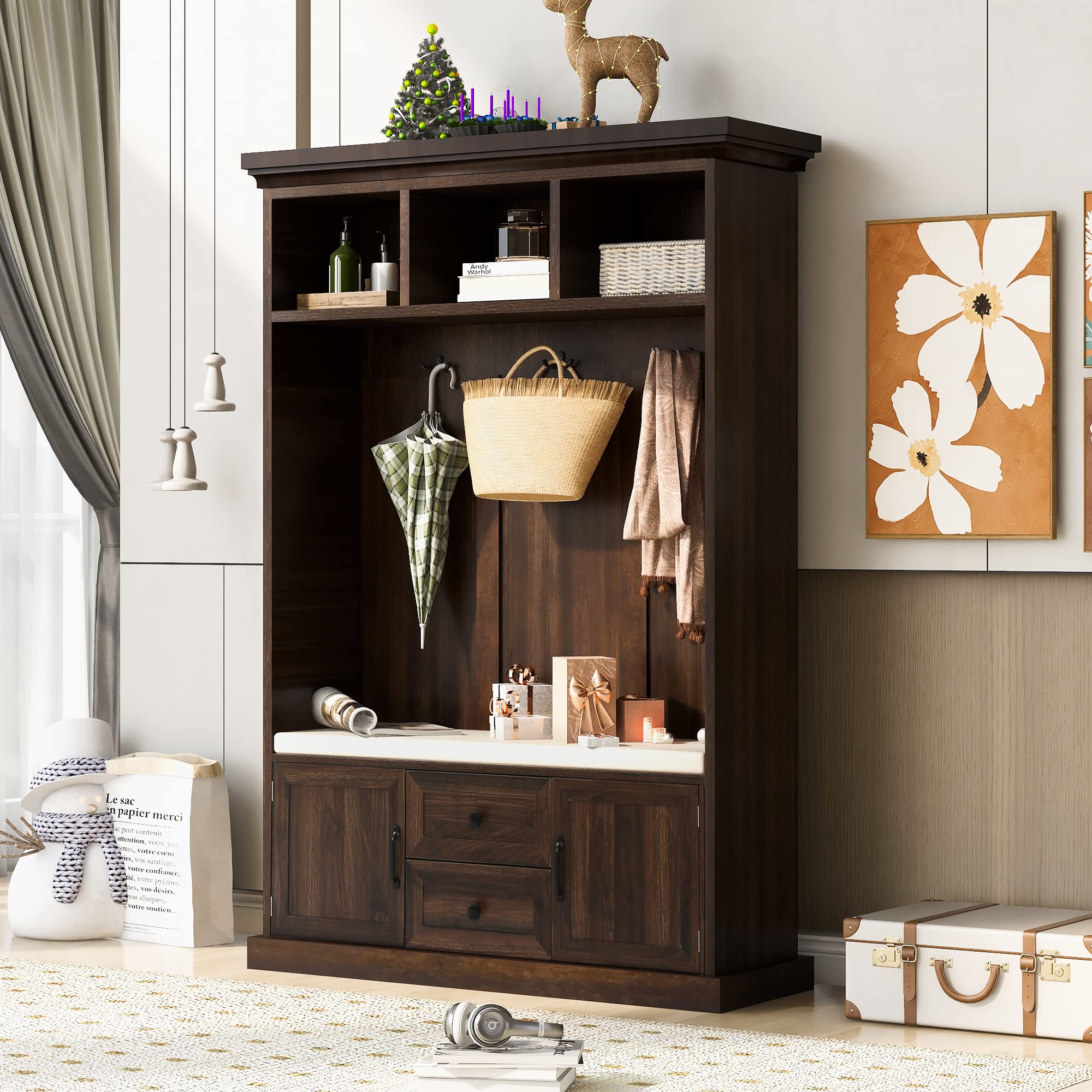 Merax 3-in-1 Hall Tree with 3 Hooks, Coat Rack & Storage Bench - Entryway Organizer for Coats, Shoes & Accessories - Perfect for Small Spaces, Apartments & Home Entryways (Tiger Design)