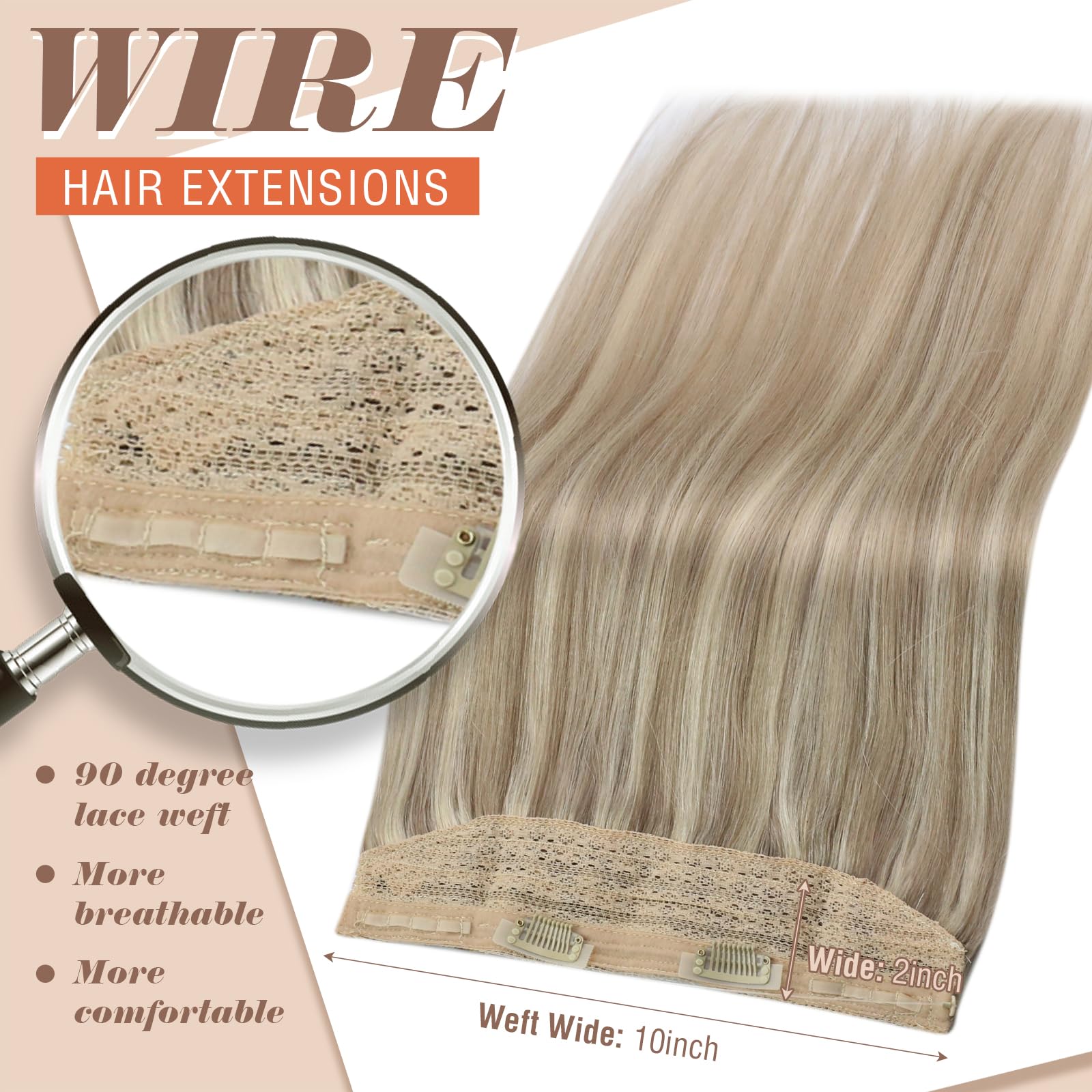Sunny Wire Hair Extensions 20 Inch - Real Human Hair with Fish Line, Invisible Wire Extensions in Golden Blonde & Medium Blonde Highlights (#16/22) - Perfect for Parties, Weddings & Daily Styling