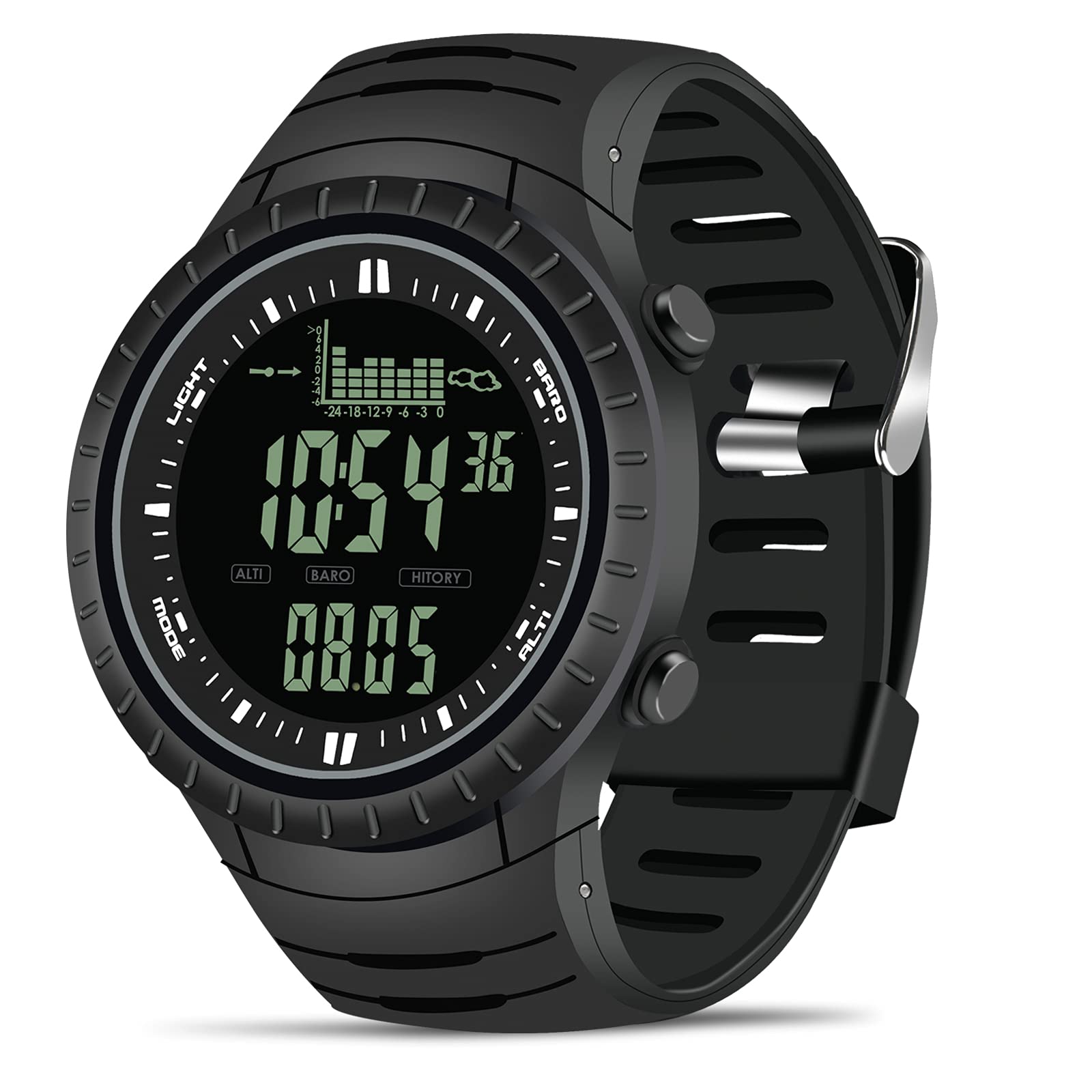 Men's Digital Watch - Waterproof Military Sports Tactical Fishing Wristwatch with Altimeter, Barometer & Thermometer - Black | Perfect for Outdoor Adventures, Hiking, Camping & Water Sports