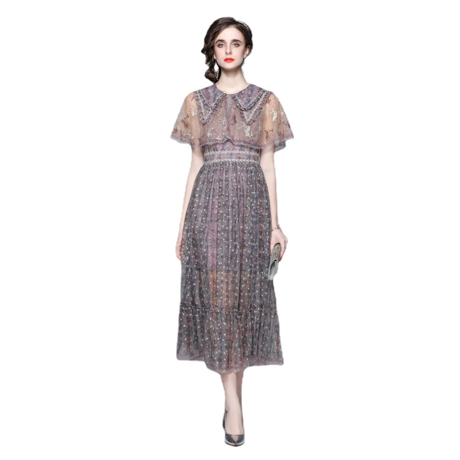 XDJchs Women's Summer Floral Embroidery Mesh Lace Slimming Retro Dress with Baby Collar - Elegant Party, Wedding, Date Night Outfit for Women