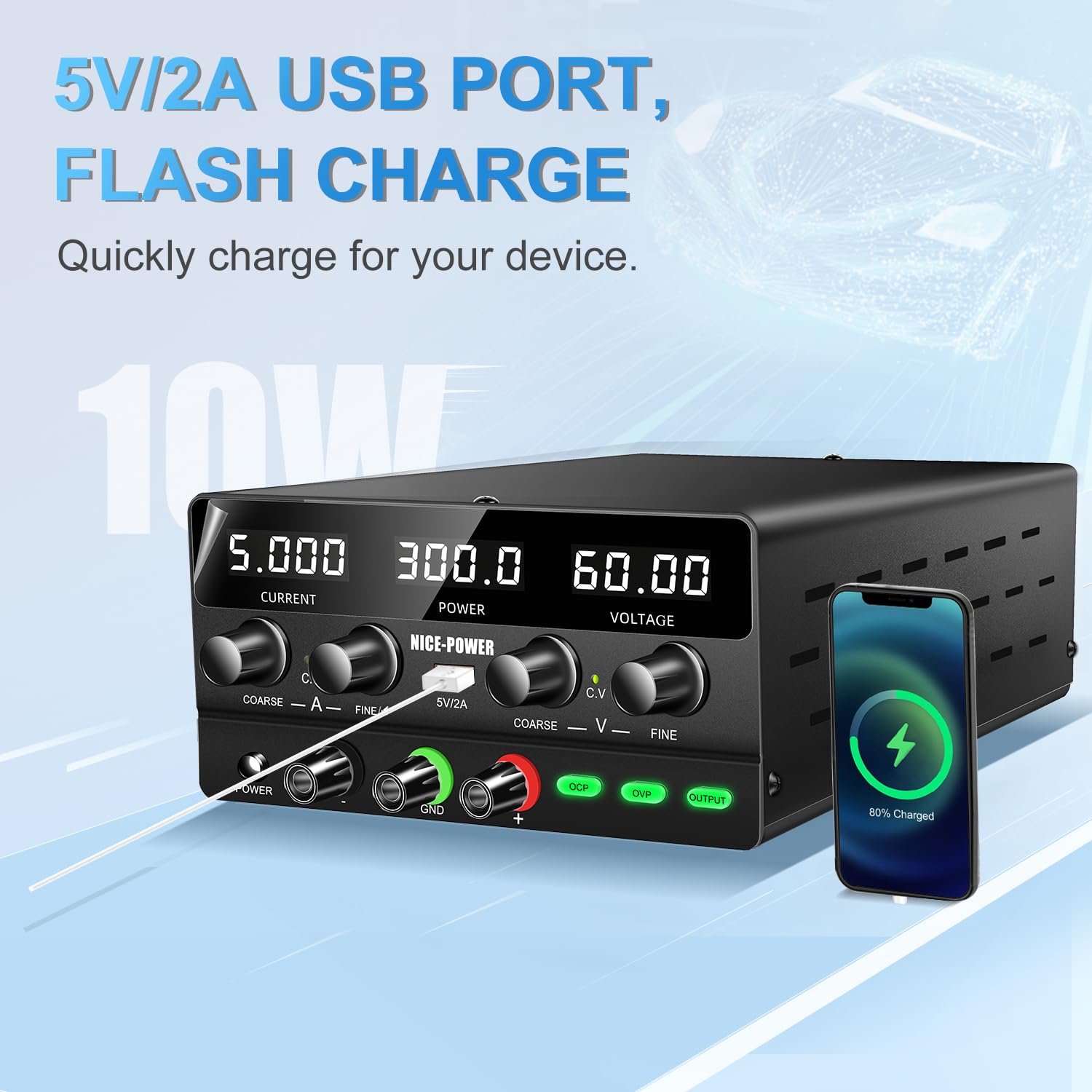Adjustable DC Power Supply 60V 5A 300W with LED Display & USB Port - High Precision Variable Switching Regulated Bench Lab Power Supply for Electronics Testing, DIY Projects, and Circuit Prototyping