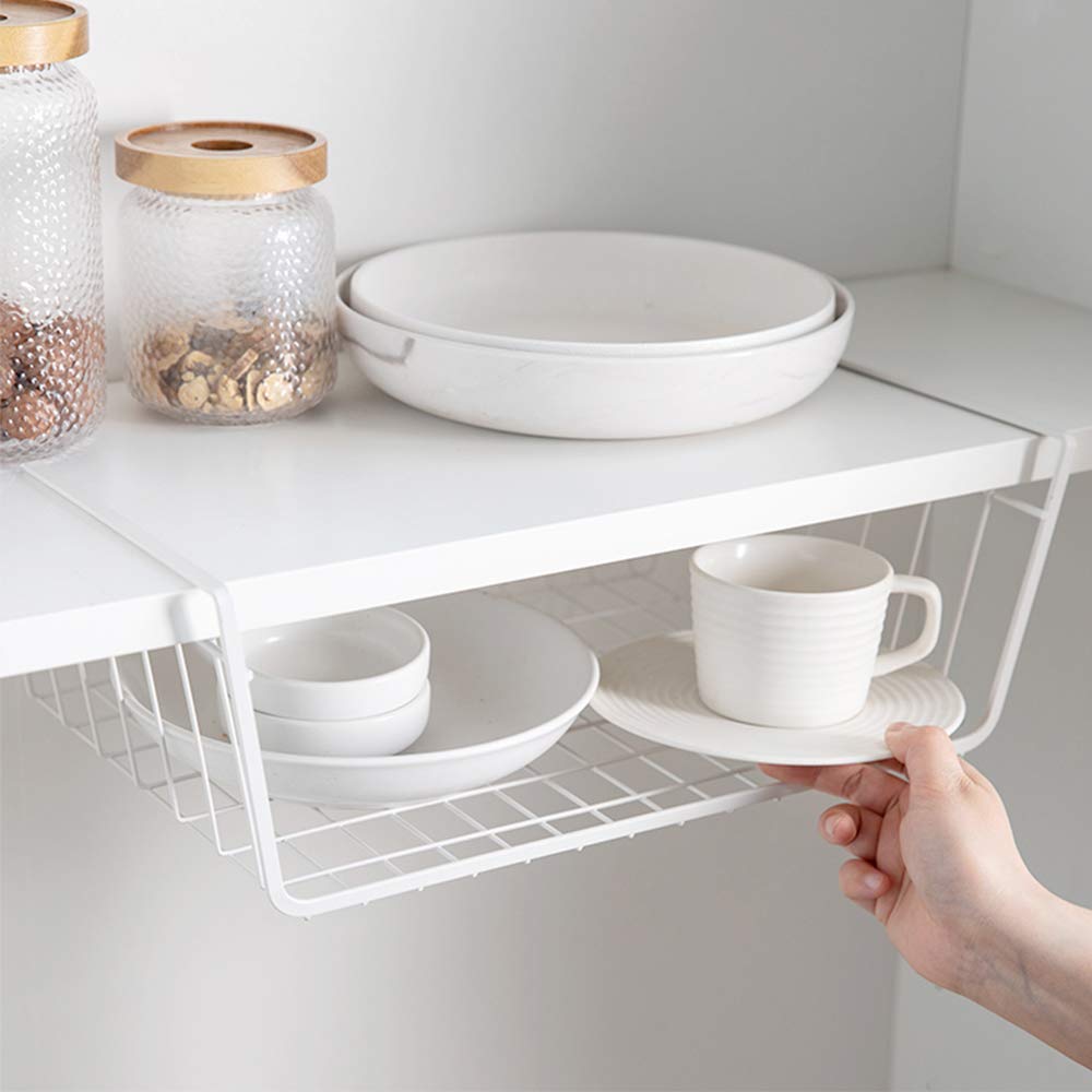 4 Pack Under Shelf Basket - Dveda Durable Metal Wire Rack Hanging Storage Organizer for Kitchen, Pantry, Bathroom & Office - White (1.45