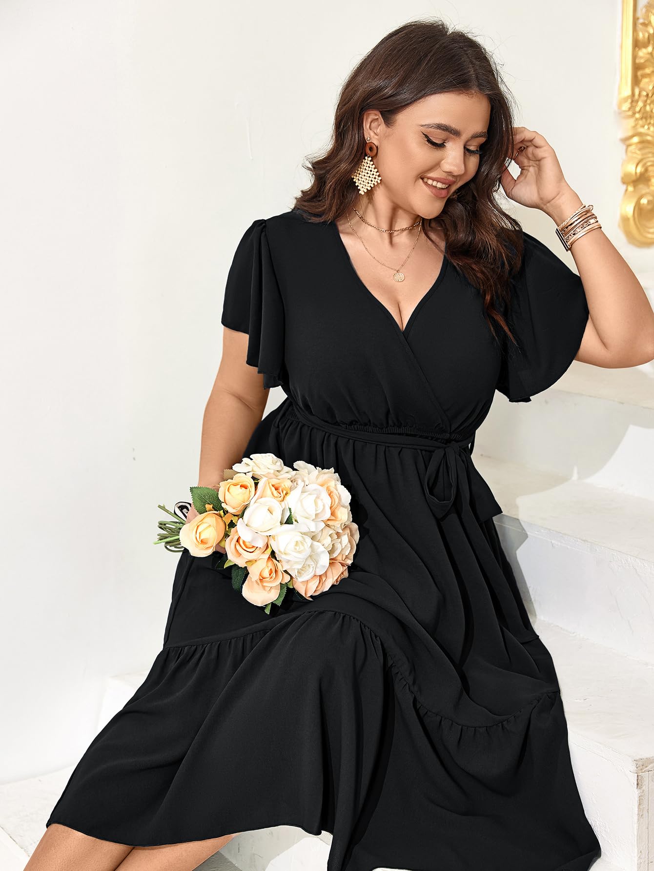 Elegant Plus Size Wedding Guest Dress for Women - Summer Wrap V-Neck Short Sleeve Belted Ruffle Hem A-Line Flowy Maxi Dress | Perfect for Weddings, Parties & Special Occasions
