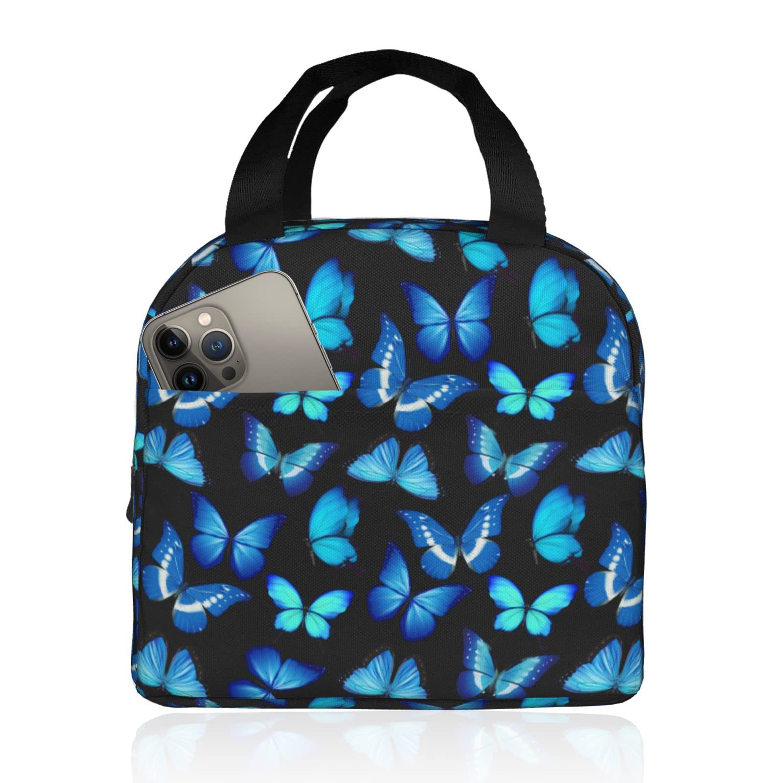 Insulated Black Lunch Bag for Women - Cute Blue Butterfly Print Thermal Cooler Tote, Waterproof & Reusable with Large Pocket | Perfect for Work, Office, College, Picnic & Outdoor Activities